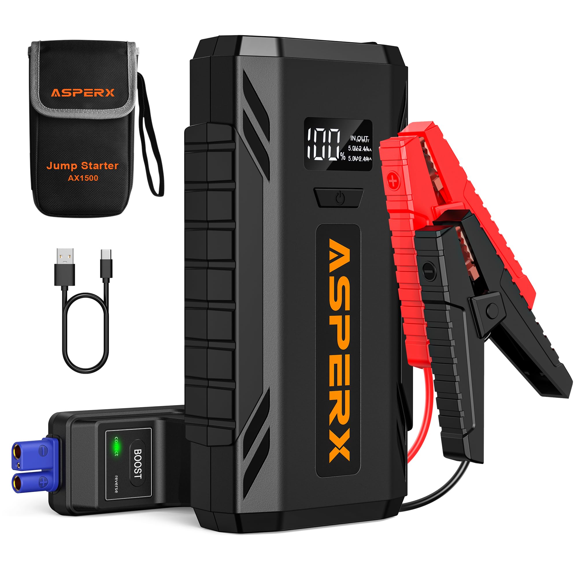 ASPERX Car Jump Starter, 1500A Peak Battery Starter for Up to 7.0L Gas or 5.5L Diesel Engine, 12V Portable Power Pack with 1.4 INCH LCD Display