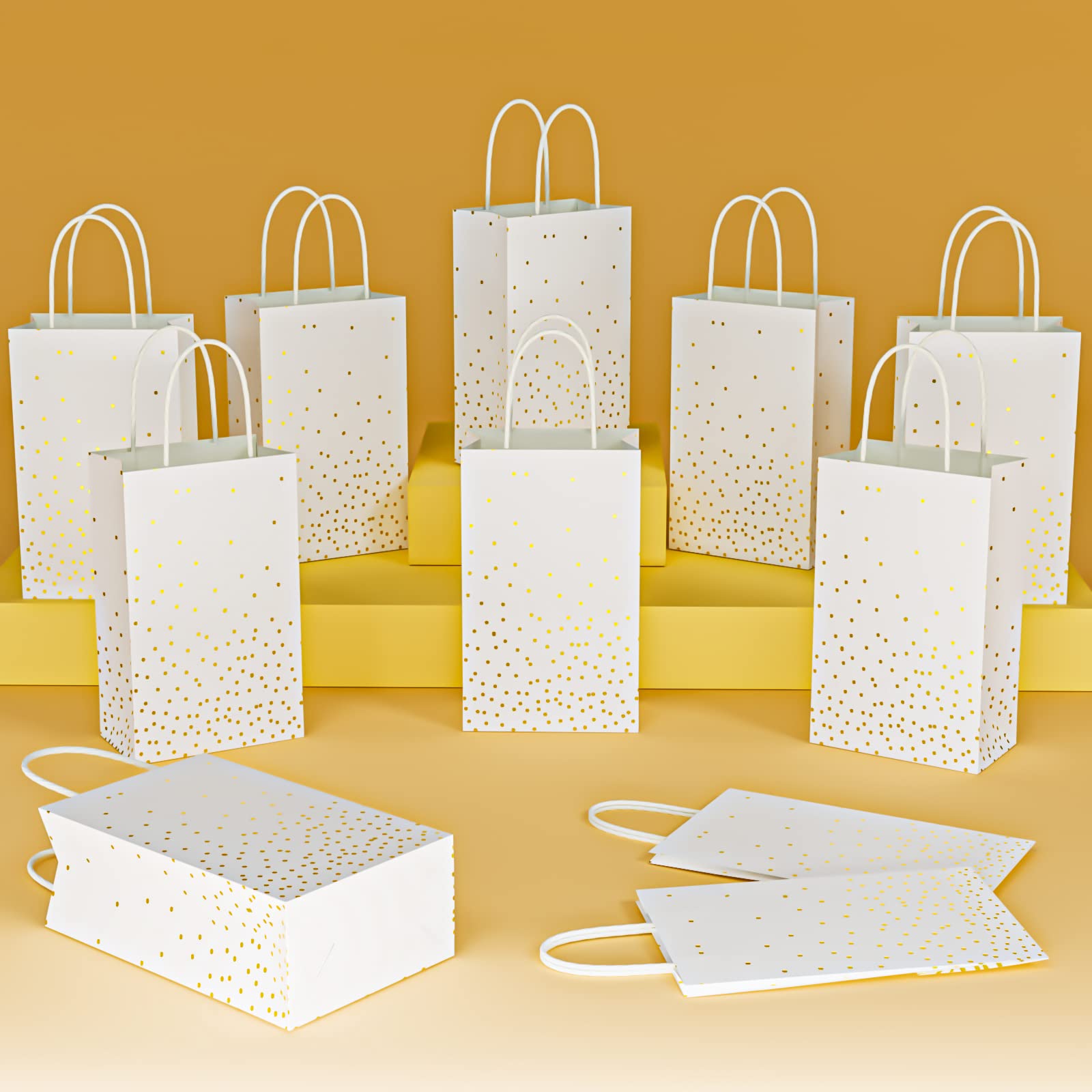 ECOHOLA 25 Pack White and Gold Gift Bags with Handles and Gold Foil Dots, Perfect for Bridal Party, Birthday Party, Wedding or Baby Showers