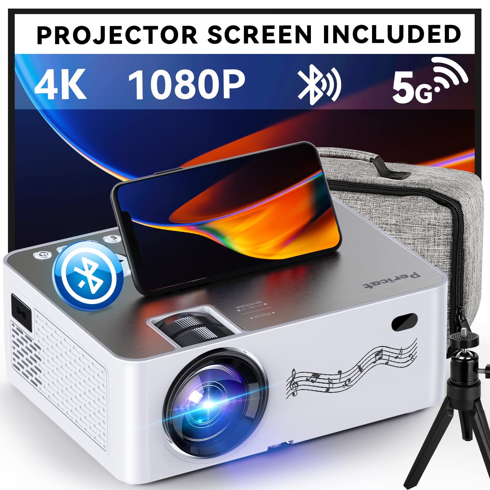 Projector with WiFi and Bluetooth, 5G WiFi Native 1080P/16000L Video Projector with Screen, 4K Support Outdoor Projector, 350'' Display Phone Projector with Carry Bag &Tripod for iPhone, TV Stick, Mac