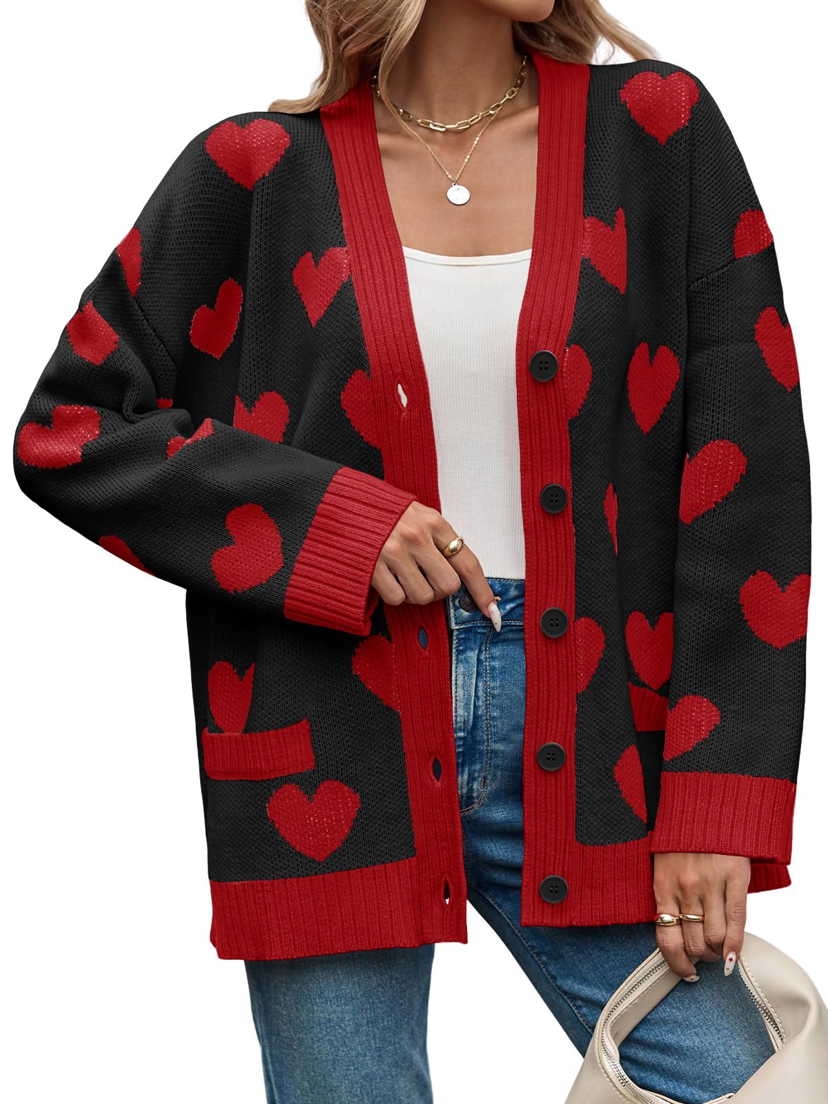 Saodimallsu Womens Oversized Heart Cardigan Color Block V Neck Button Long Sleeve Chunky Valentines Sweaters Black