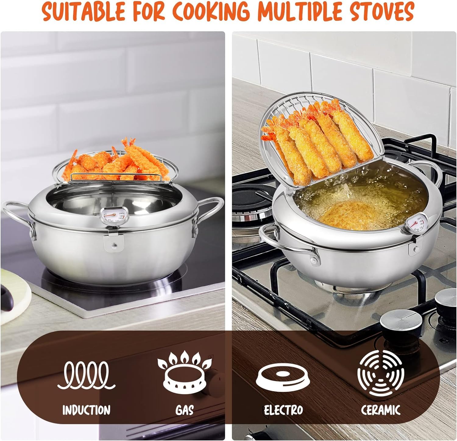 Deep Fryer Pot,Oxydrily Japanese Tempura Deep Fryer Stainless Steel Frying Pot With Thermometer