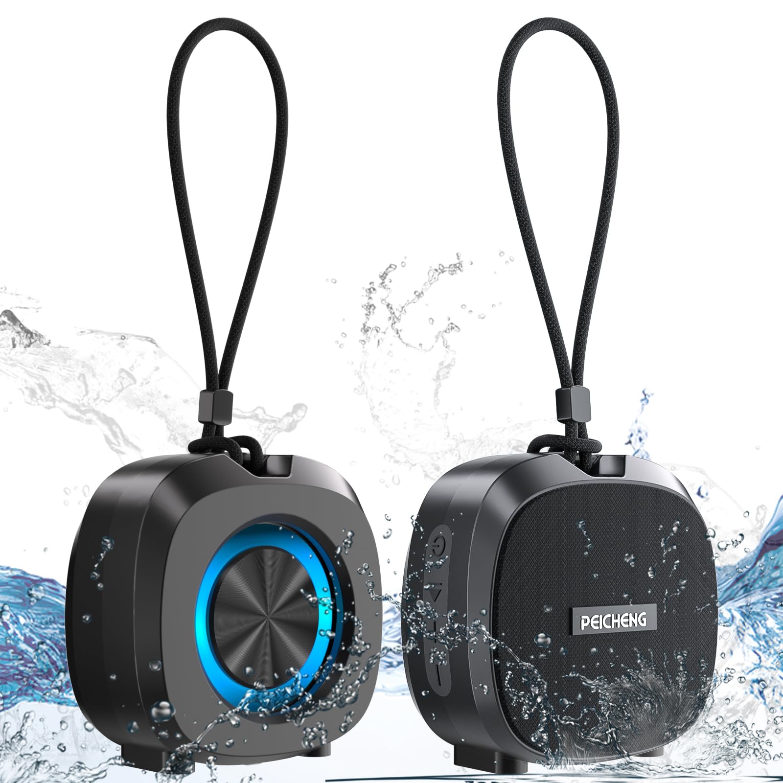 PEICHENG Speaker, Small Portable Bluetooth Wireless IPX5 Waterproof Shower Speaker,Loud Stereo Sound Deep Bass,Dual Pairing, RGB Lights,Long Playtime for Outdoor Party, Great Gift,1PC(Black)