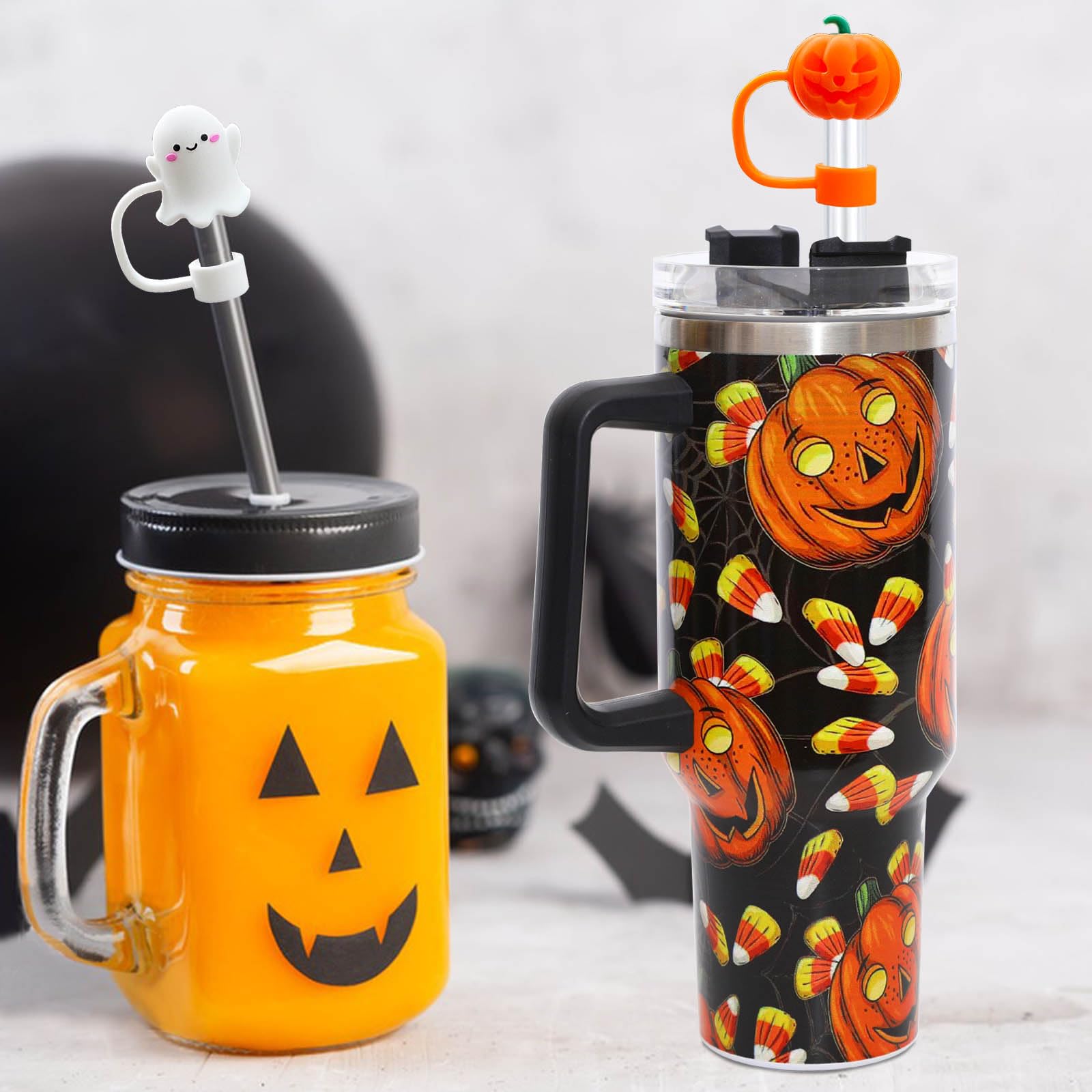 5PCS Halloween Straw Cover Cap for Stanley Cup, Silicone Straw Topper for Stanley 30&40 Oz Tumbler with Handle, 10mm 0.4in Dust-Proof Reusable Straw Tips Lids for Halloween Gifts. (Color 1)