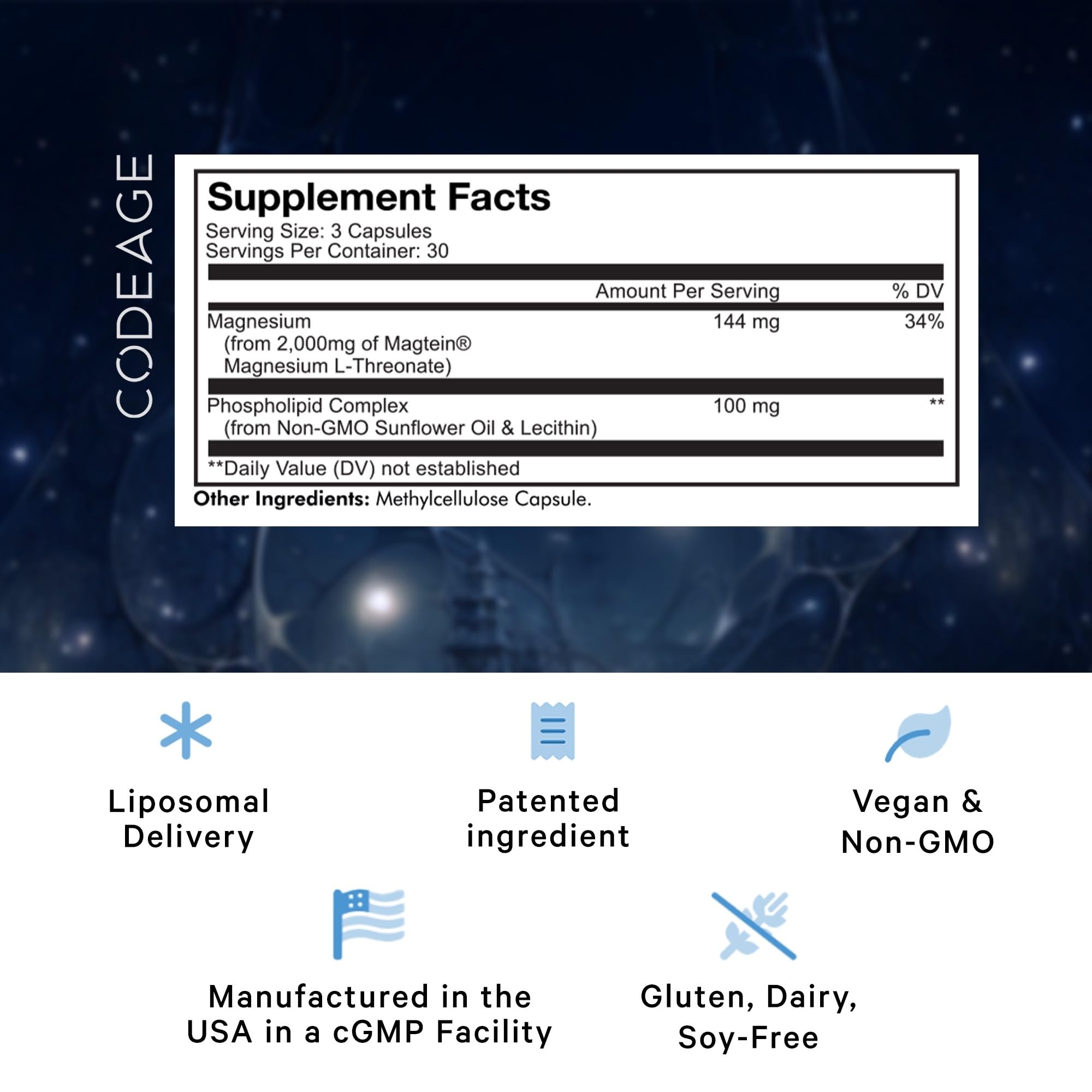 Codeage Liposomal Magnesium L-Threonate Supplement, Patented Magtein Magnesium Threonate for Brain Health, Memory and Cognitive Function Support, Bioavailable L Threonate, Non-GMO - 90 Capsules