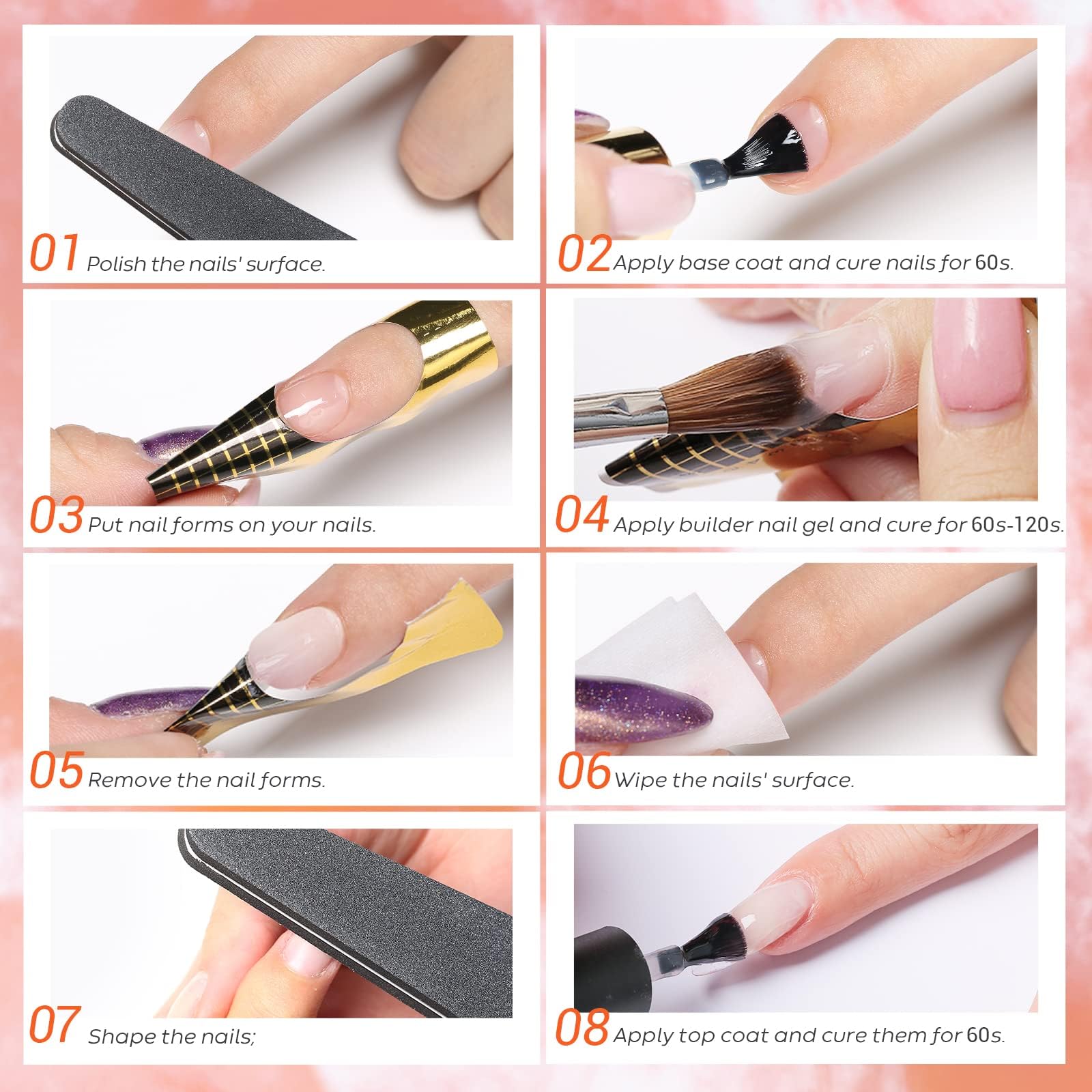 Modelones Builder Nail Gel Kit - Clear Extension Kit Hard Gel for Nails 2oz Strengthen Acrylic Manicure Art Set with 100PCS Dual Forms and Dual-use Acrylic Brush Professional DIY at Home
