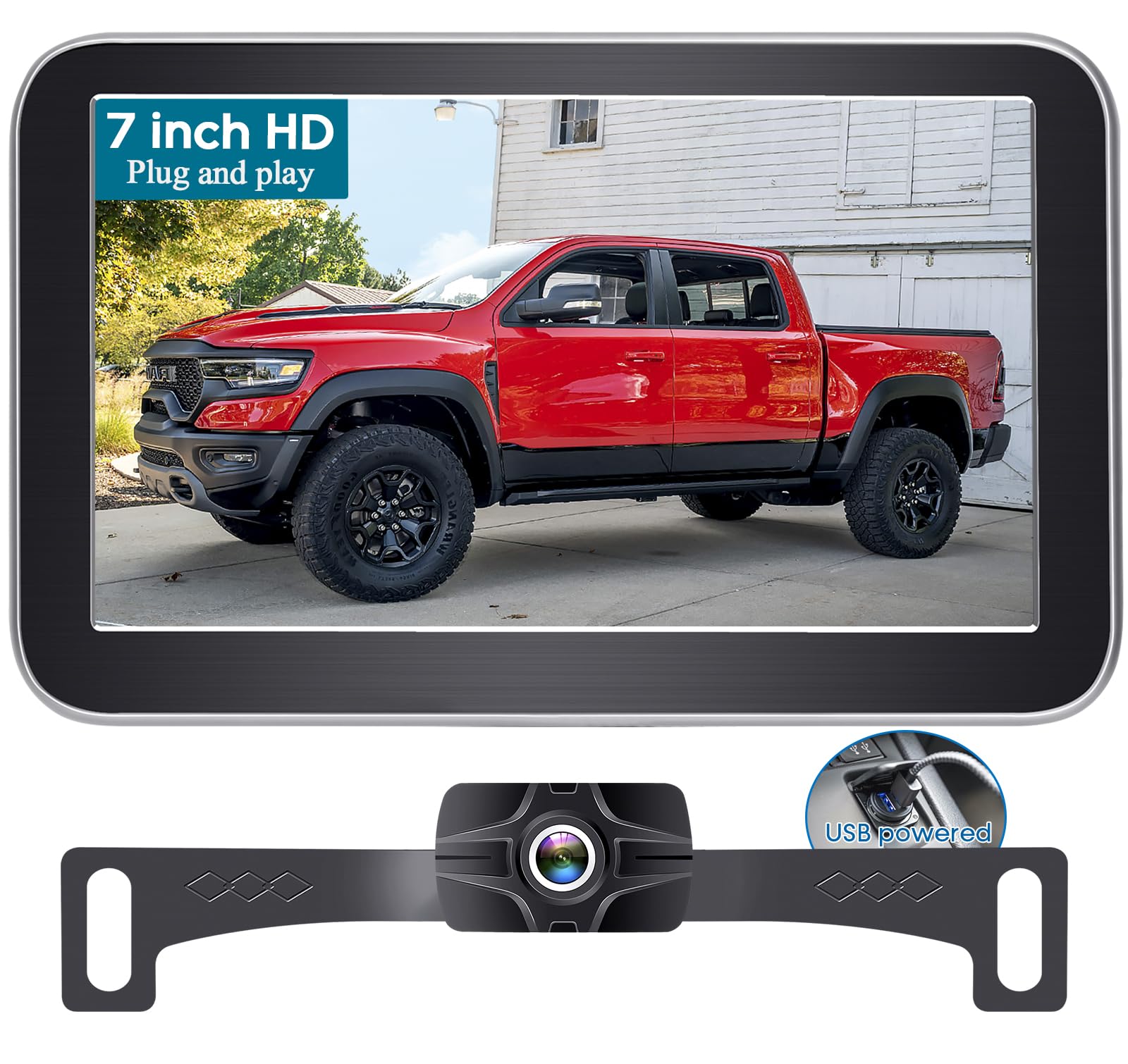 Backup Camera 7-Inch Monitor Truck: 2K USB Plug-Play Easy Set up No Glare-Led Lights Car Rear View Camera Clear Night Vision Reverse Camera DIY Parking Line - AMTIFO A23