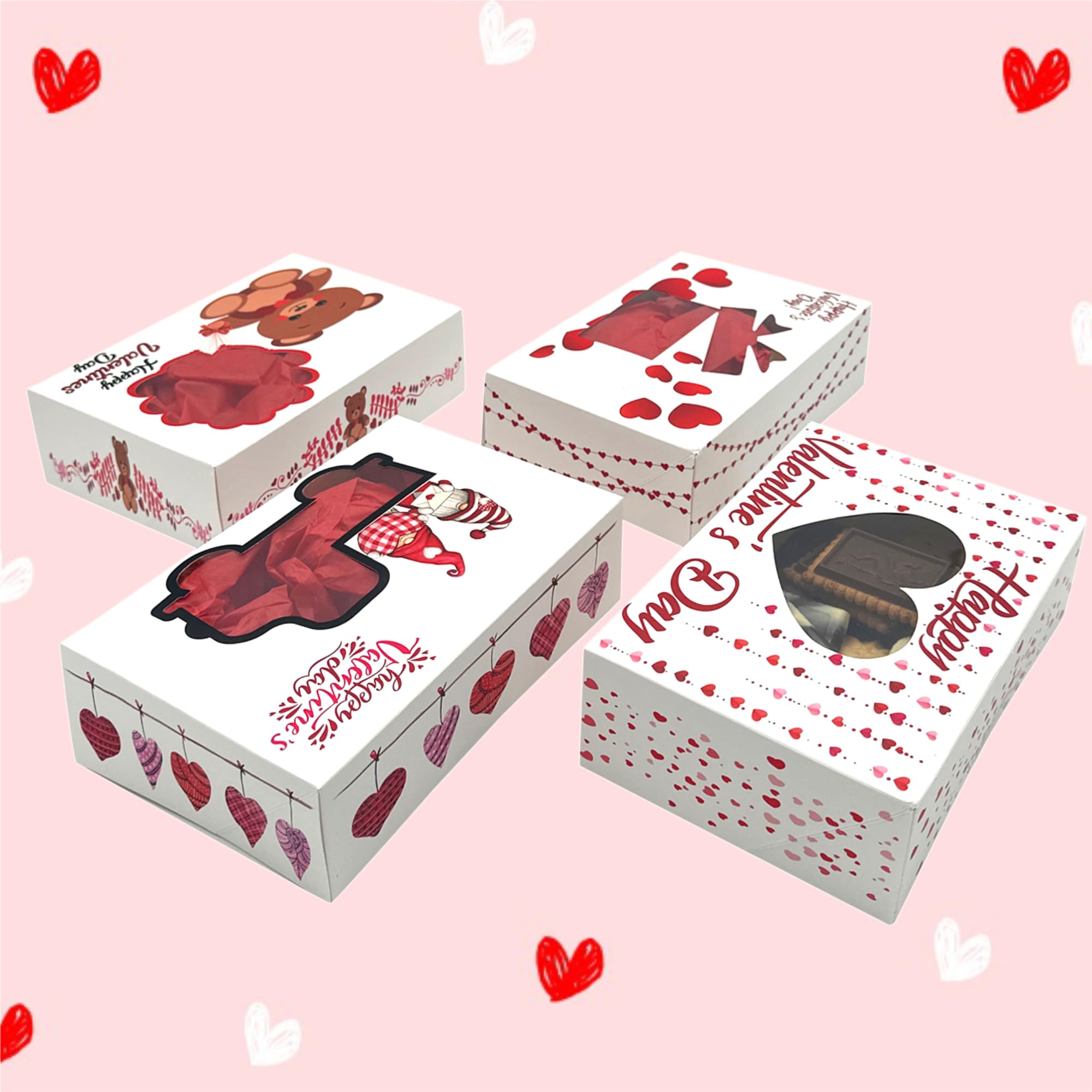 BASHOUT 24 Pcs Valentine’s Day Bakery Cookie Box | SIZE 8.5 x 5.75 x 2.5 Inch Valentine Day Treat Box with Window Cutout | Cupcake and Goody Boxes| Valentine Party Favor Box 4 Design Variety Pack