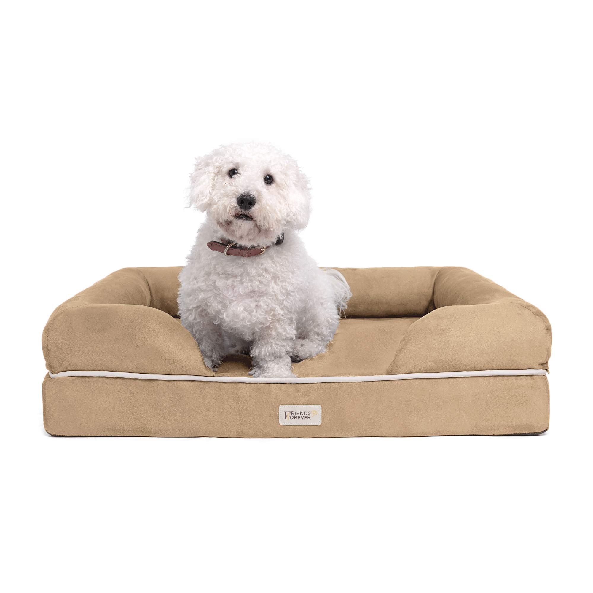 Friends Forever Large Dog Bed, Orthopedic Dog Sofa Memory Foam Mattress, Calming Dog Couch Bed, Wall Rim Pillow, Water Resistant Liner, Washable Cover, Non-Slip Bottom, Chester, Large Khaki Beige