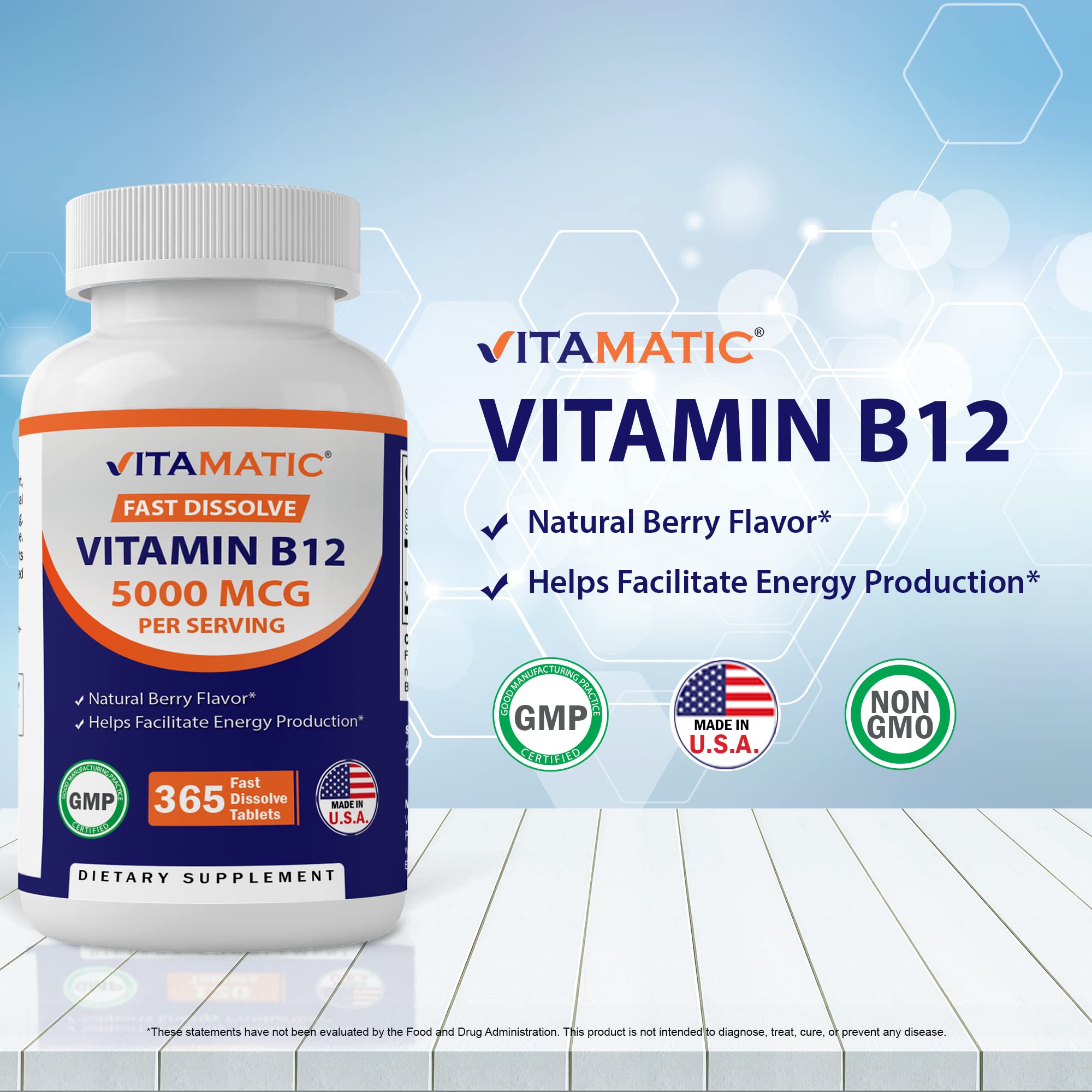 Vitamatic Vitamin B12 5000 mcg per Serving Fast Dissolve 365 Tablets - Berry Flavor - Supports Energy Metabolism