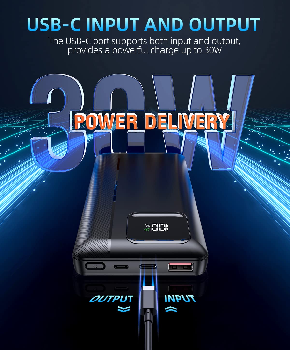 Power-Bank-Portable-Charger - 16000mAh Power Bank Support PD 30W and QC4.0 Fast Charger with Built-in 2 Output Cable and LED Display for iPhone and Android Phones and Most Electronic Devices