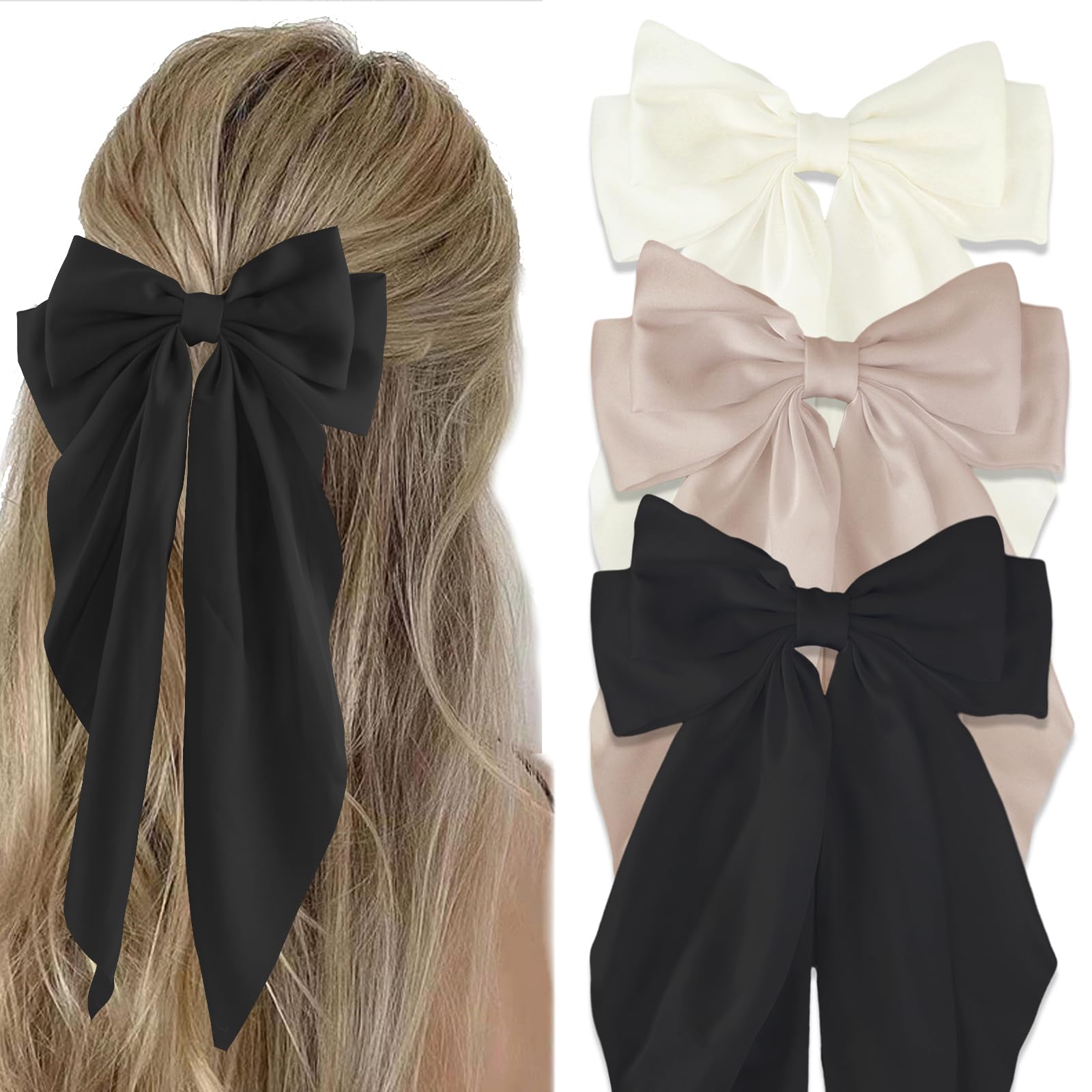 Canitor Hair Bows for Women Silky Satin Hair Ribbon Hair Barrettes Clip Oversized Long Tail Hair Bows Cute Aesthetic Coquette Hair Accessories Preppy Teen Girl Gifts Trendy Stuff Things