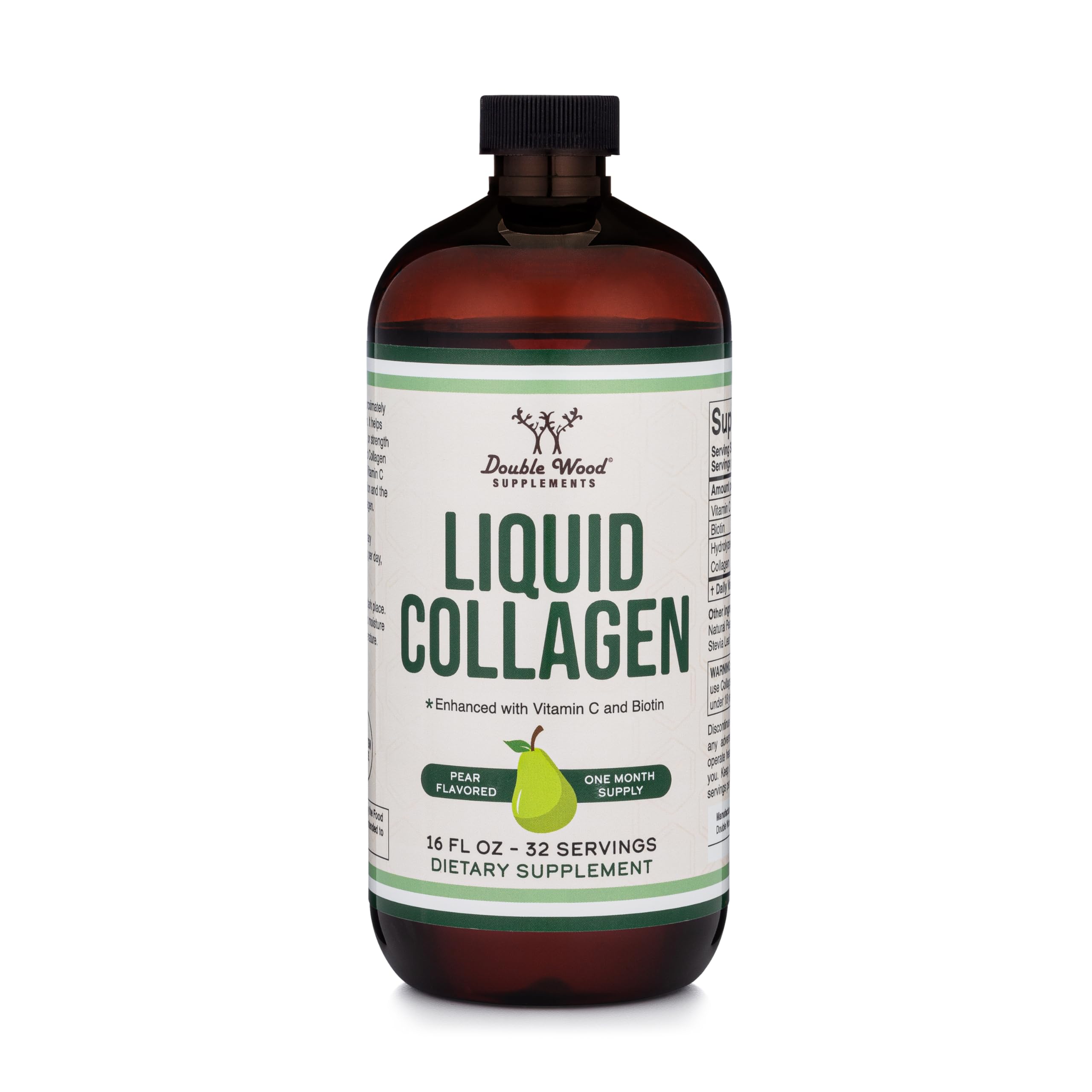 Double Wood Supplements Liquid Collagen - 2500mg of Hydrolyzed Bovine Collagen (Type 1, 3 and Grassfed) - 32 Servings - for Women and Men - 30 mcg of Biotin - Sugar Free Pear Flavor