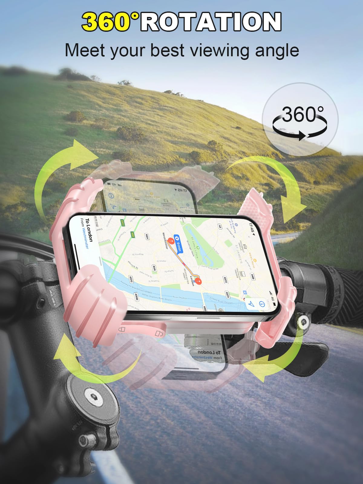 CRUIHOG Bicycle Phone Holder,Motorcycle Handlebar Phone Mount,1S Quick Lock Release,360°Rotation Silicone Wrapped Phone Clamp Stand for E-bike,Scooter ATV Strollers Bike Phone Clip,for 4.7- 6.8"Phones