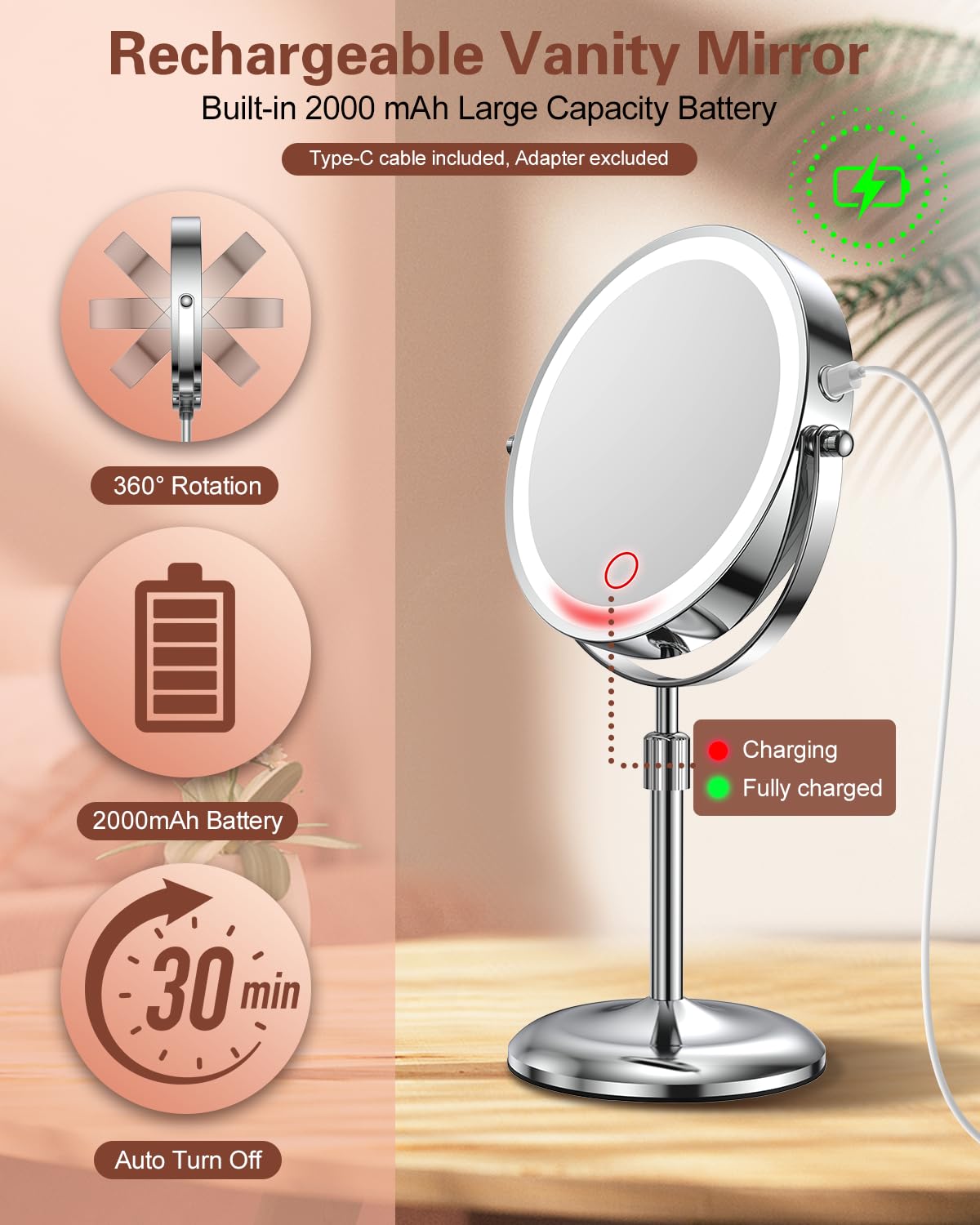 Benbilry Lighted Makeup Mirror with 10X Magnification & 3 Color Lights, Adjustable Brightness & Height, 7 Inch 360° Swivel Rechargeable LED Magnifying Mirror Make Up Mirror with Lighting (Silver)