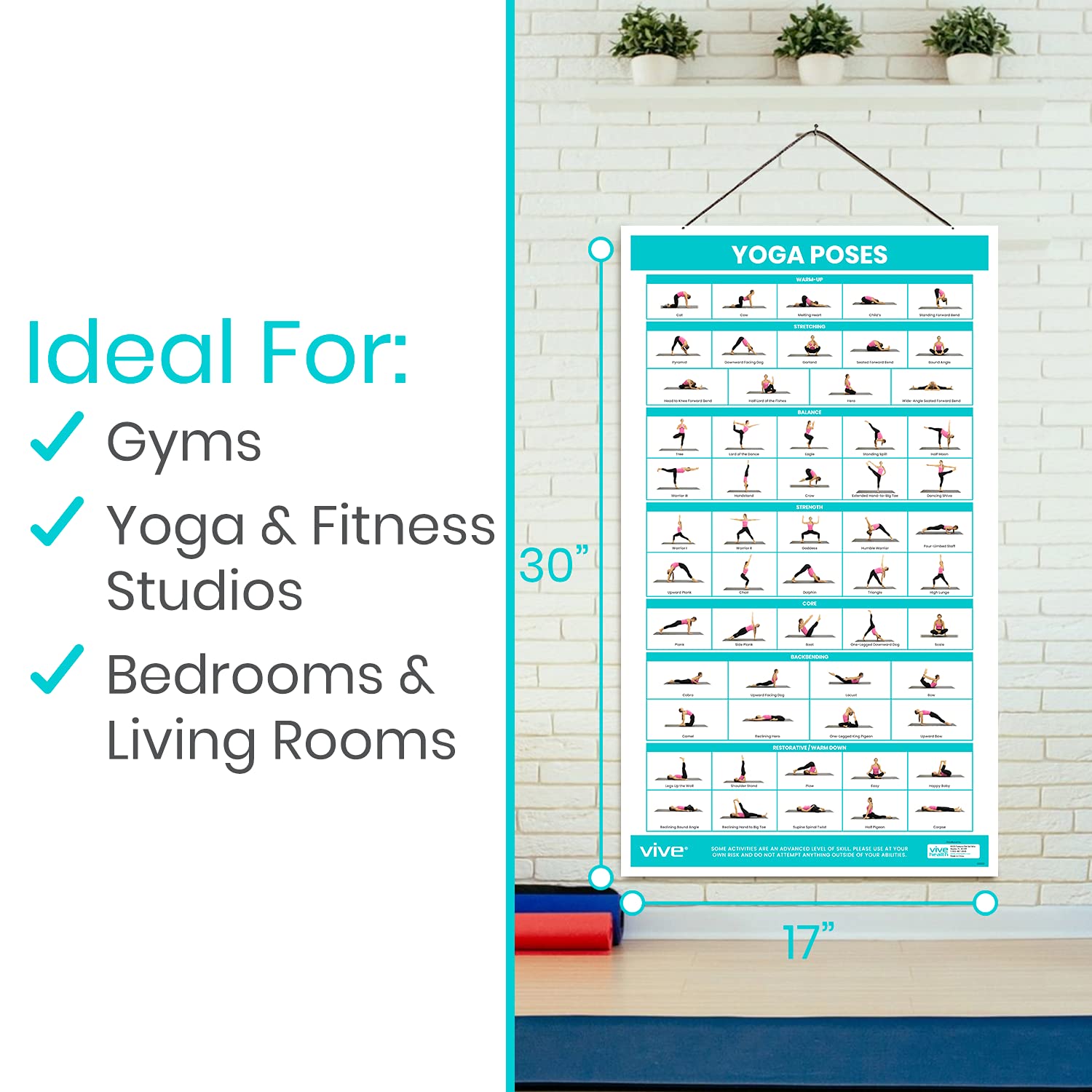 Vive Yoga Poster - Poses for Beginners and Experts - Mat Exercise Home Gym Workout Accessories Set- Double Sided Laminated Flow Chart Accessory - Instructional Guided Routine - for Women, Men