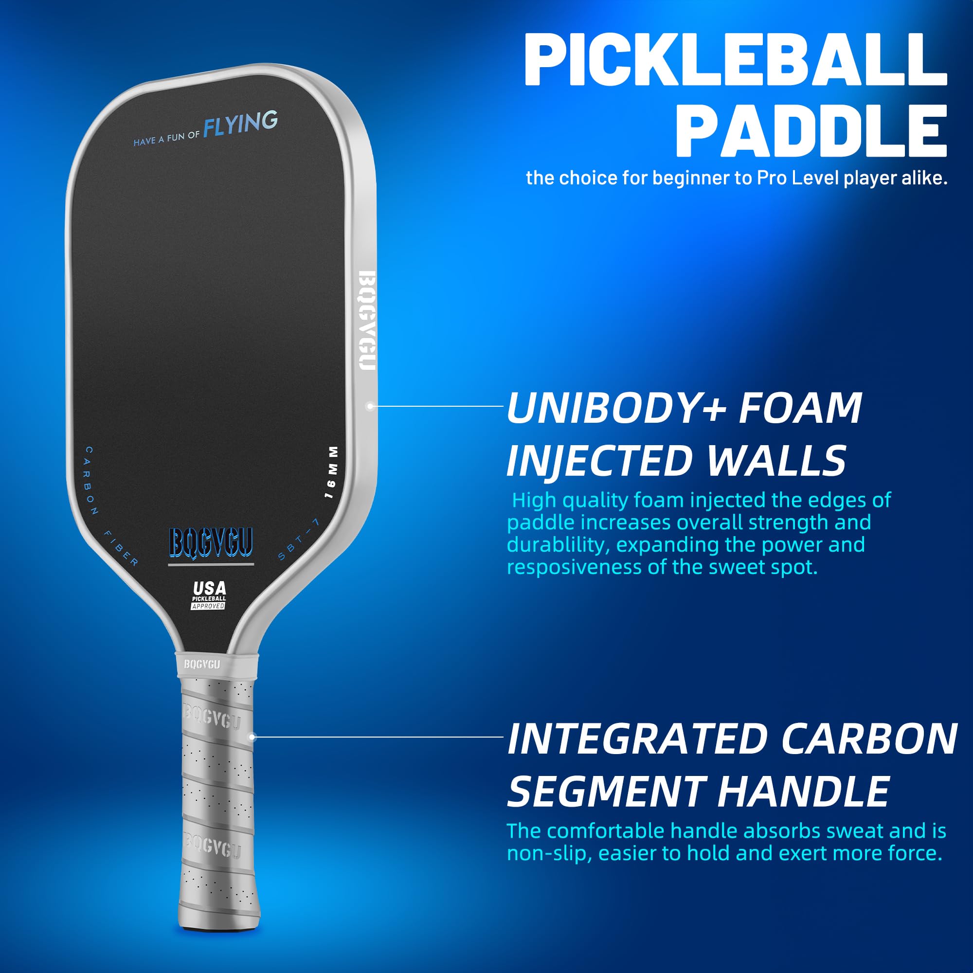 BQGVGU Pickleball Paddles, Carbon Fiber Raw Toray T700 with 16 mm Polypropylene Honeycomb Core,Perfect for Control&Spin, USAPA Approved