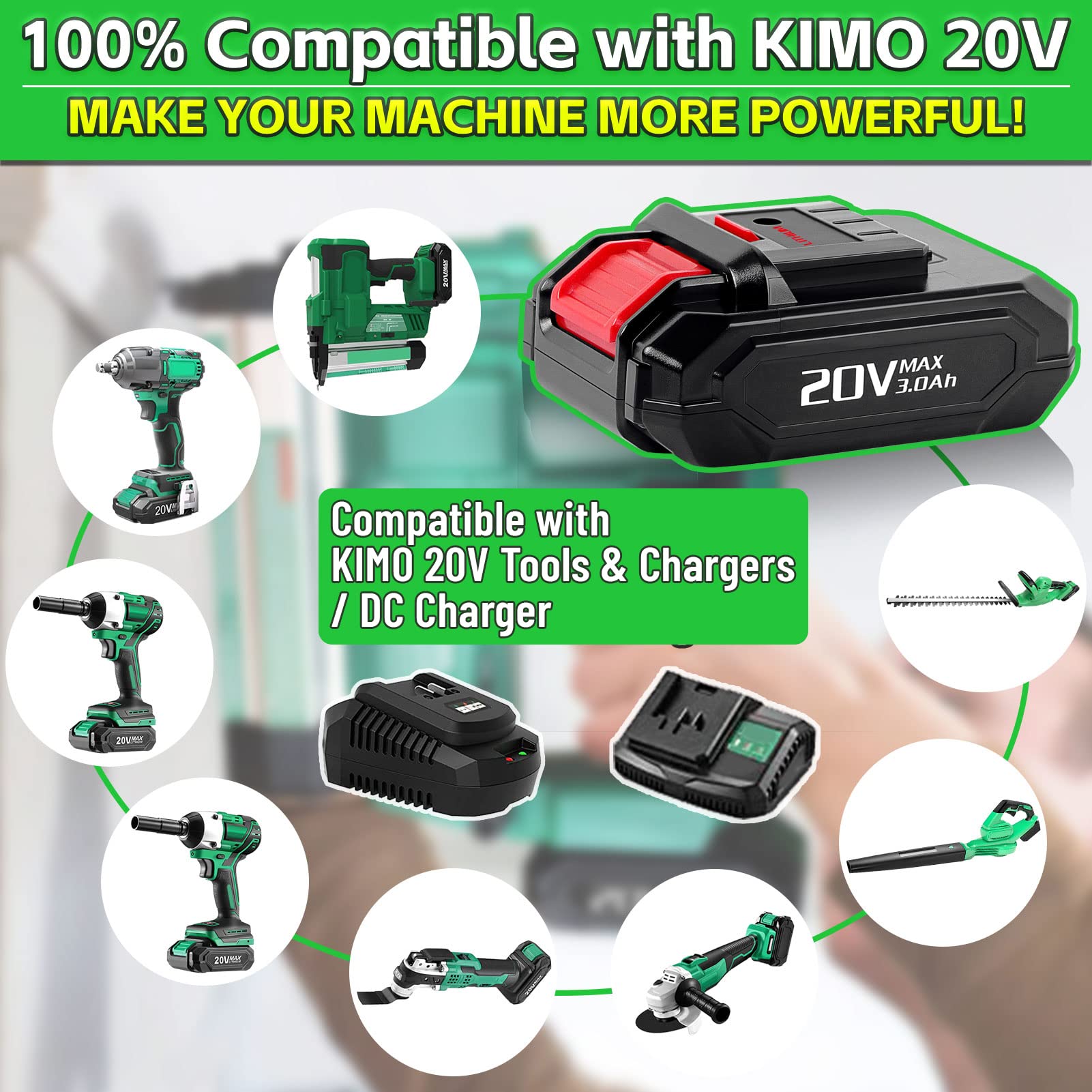 TenHutt 【Upgrade】 2 Pack 3000mAh Replacement Battery for KIMO 20V Lithium Battery for KIMO 20V Cordless Blower Wrench Nailer Drill…