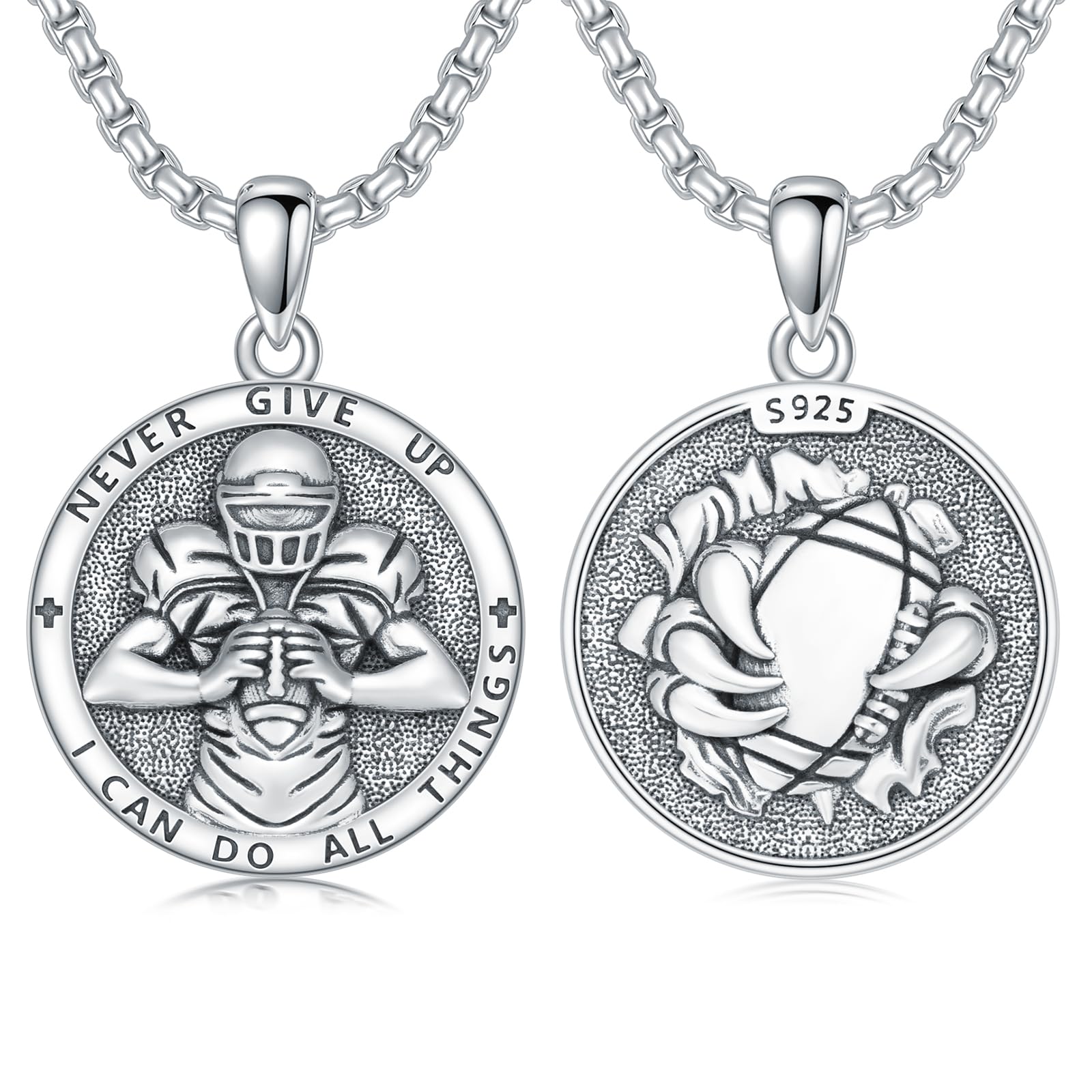 PROESS Football Necklace for Men Football Lovers Fans Sterling Silver Never Give Up Sports Necklace Football Gifts for Birthday Christmas