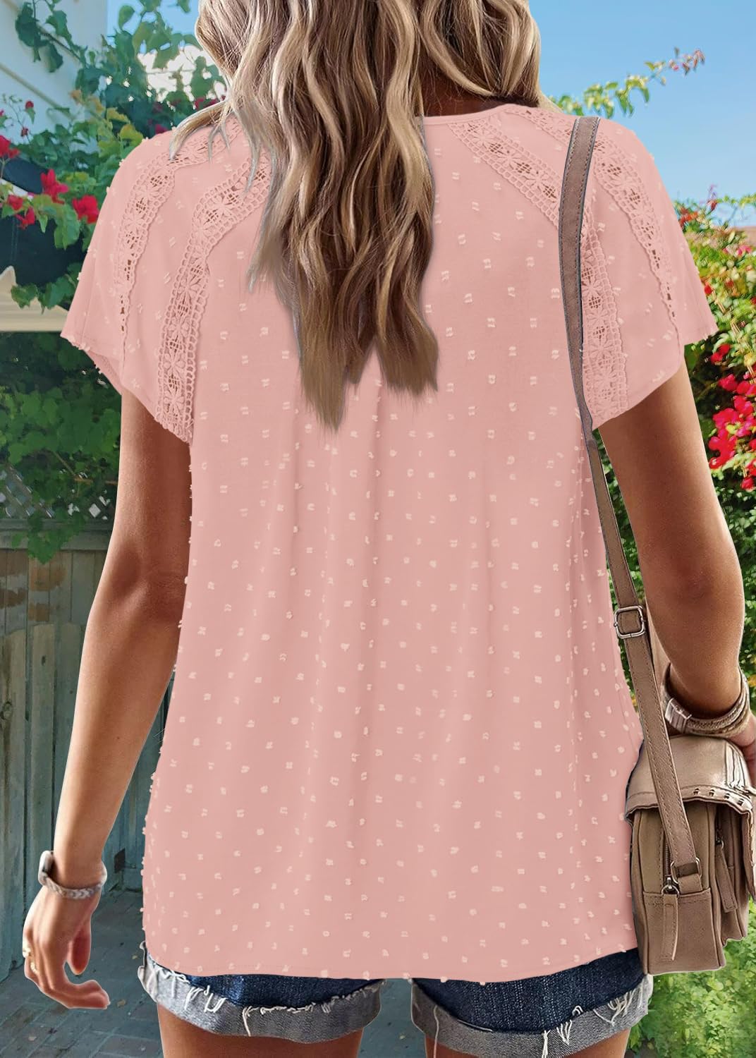 BETTE BOUTIK Women Shirts Summer Short Sleeve Boho Tunic Tops Fashion Casual Dressy Flowy Loose Blouses Lace V Neck Work Basic Shirt Light Pink Medium