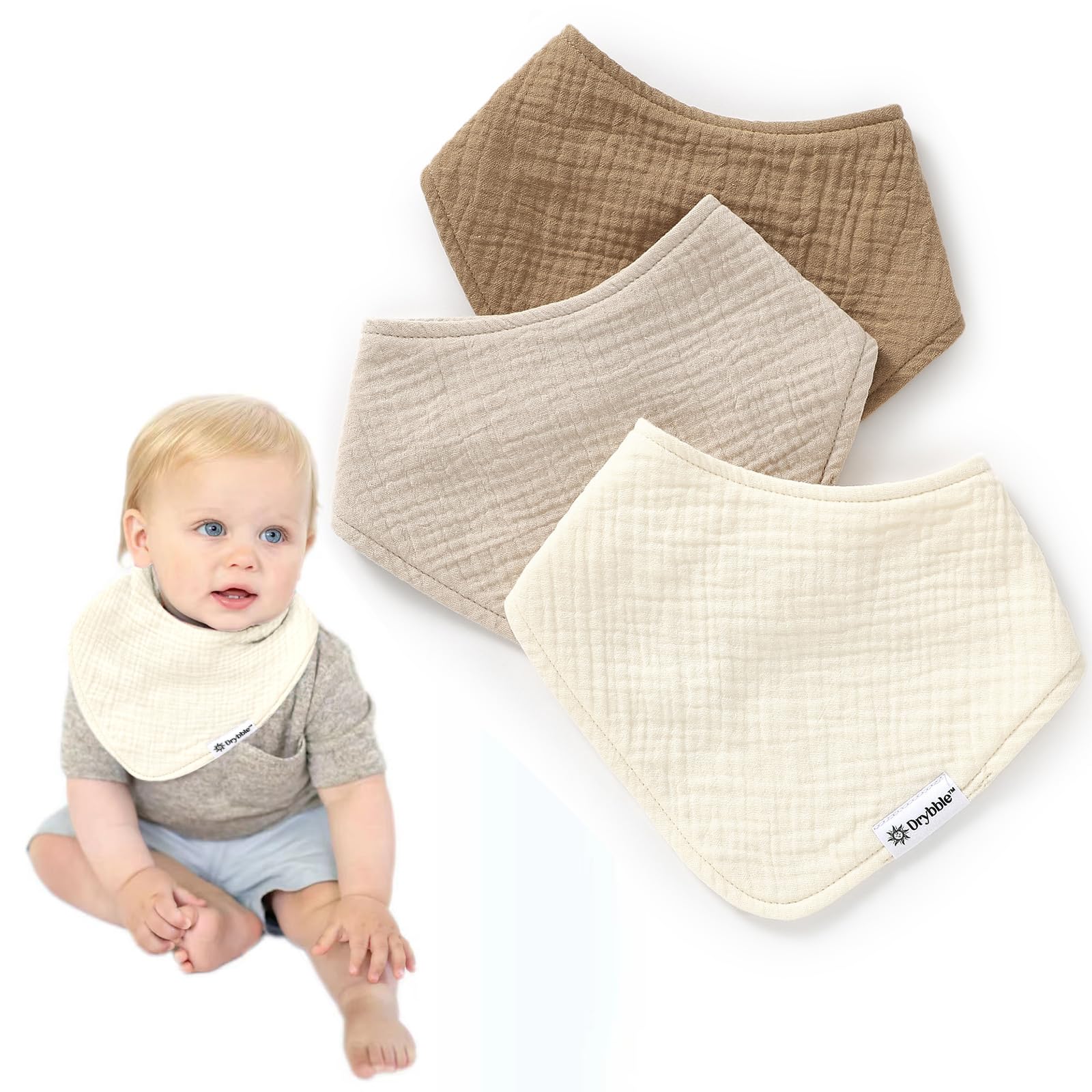 Drybble Waterproof Muslin Bandana Baby Bibs - 100% Organic Cotton Exterior - Ultra Absorbent 4 Layers for Drooling & Teething (Café au lait)