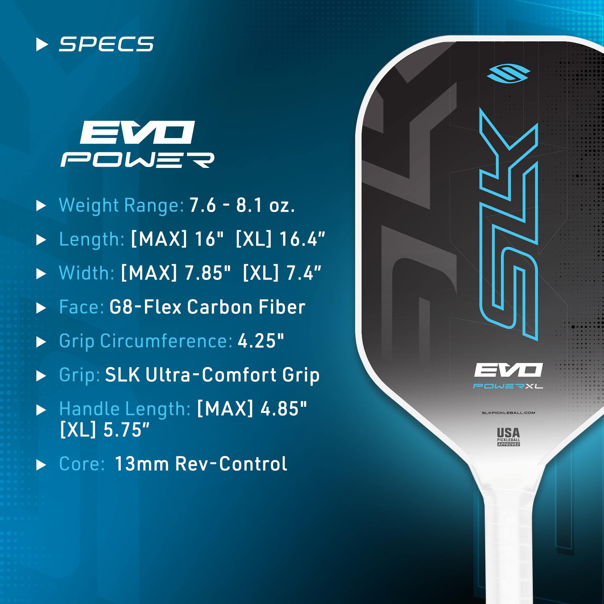 SLK Evo Power MAX Pickleball Paddle by Selkirk Sport | G9 Power Carbon Fiber Pickleball Paddle with SpinFlex Surface and Rev-Hybrid Polymer Core | Blue