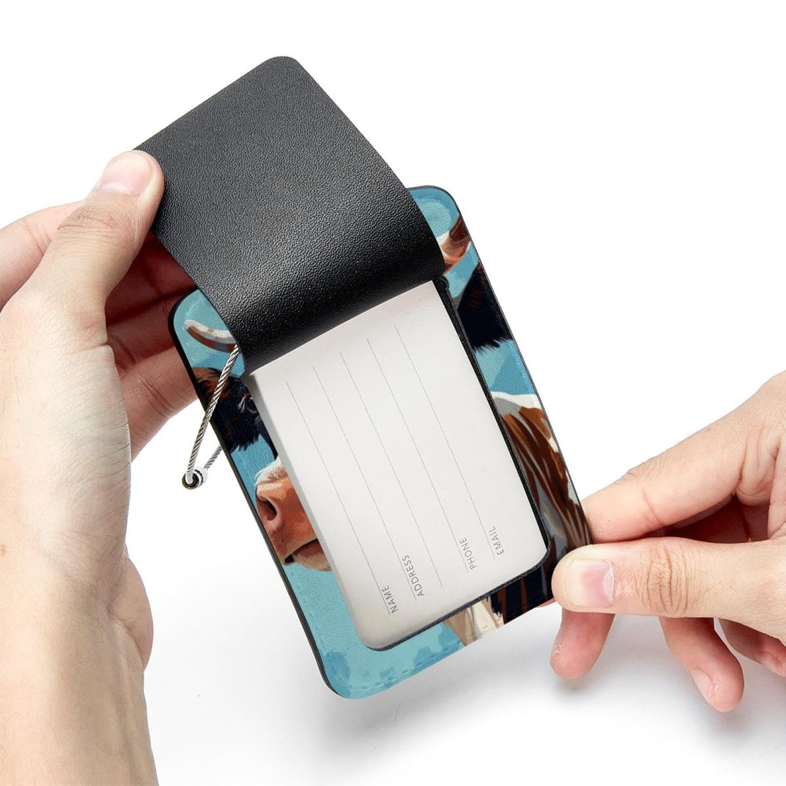 Beautiful CowBright and Personalized Luggage Tags, Set of 2 Metal Loop Lock Baggage Tags with Privacy Flap Cover