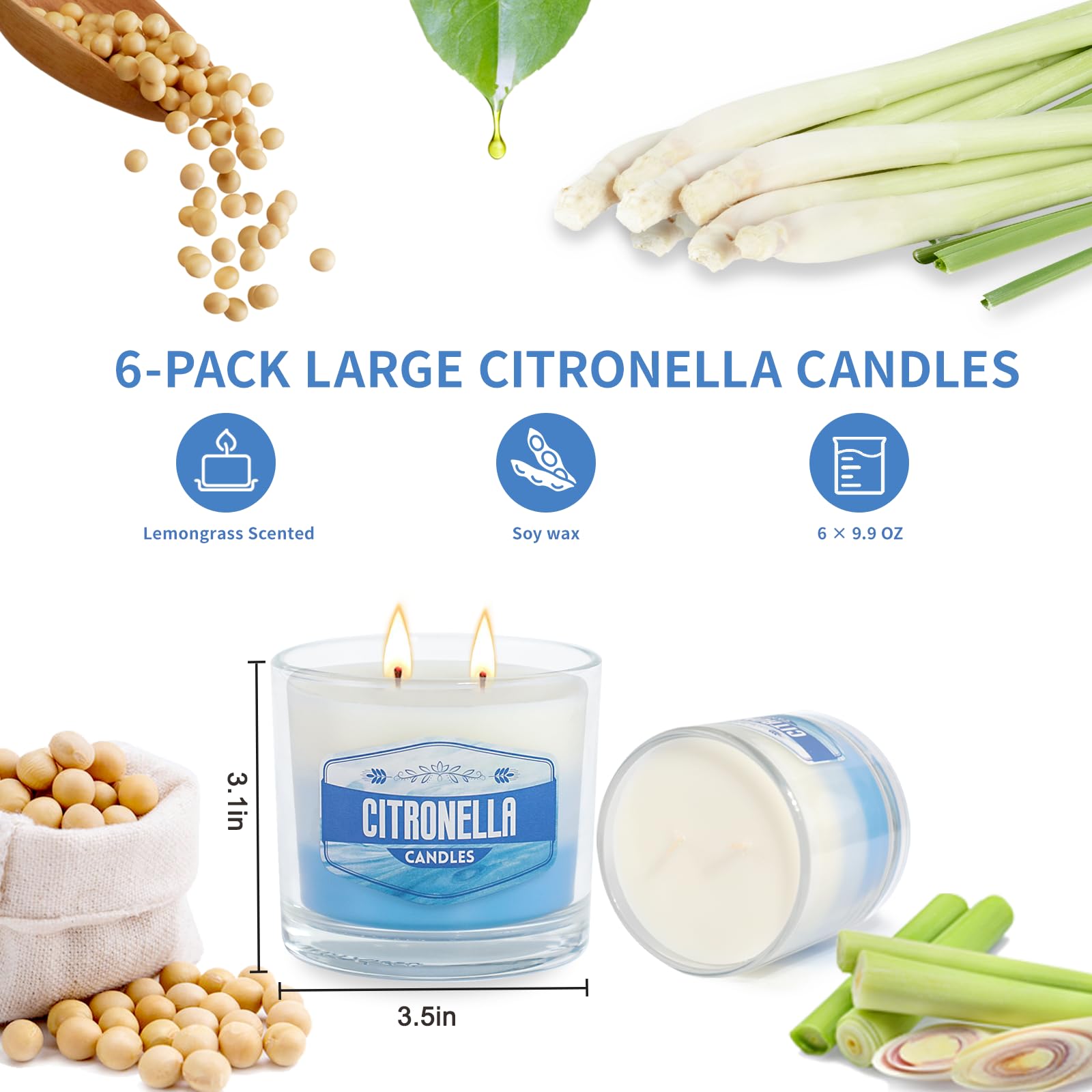 6 Pack Citronella Candles Outdoor, 2 Wick Large Scented Citronella Candles Set, 60 oz 450H Burn Citronella Candle Essential Oils and Natural Soy Wax for Summer Garden Yard Balcony Camping Backyard