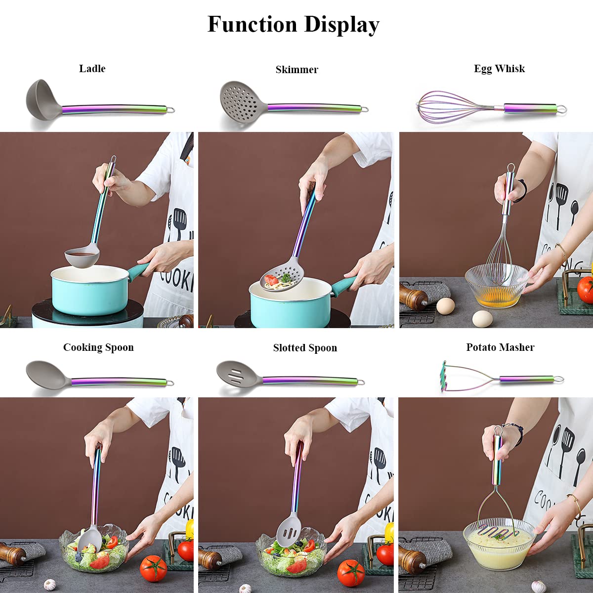 38 Piece Silicone kitchen Cooking Utensils Set with Utensil Crocks, Silicone Head and Stainless Steel Handle Cookware, Kitchen Tools for Utensil Set, Non-Stick kitchen Gadgets,Dishwasher Safe(Rainbow)