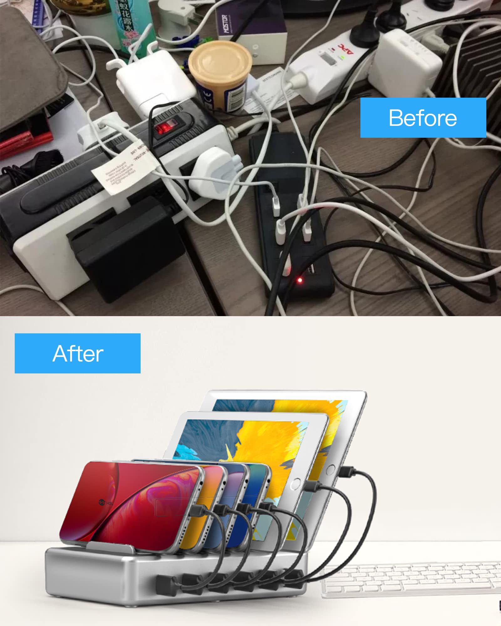 Charging Station for Multiple Devices - 6 Port Fast Charging Station for iPhone iPad Android and Tablet - Multi Charging Station - Phone Charging Station with 6 Mixed Cables Included(UL Certified)
