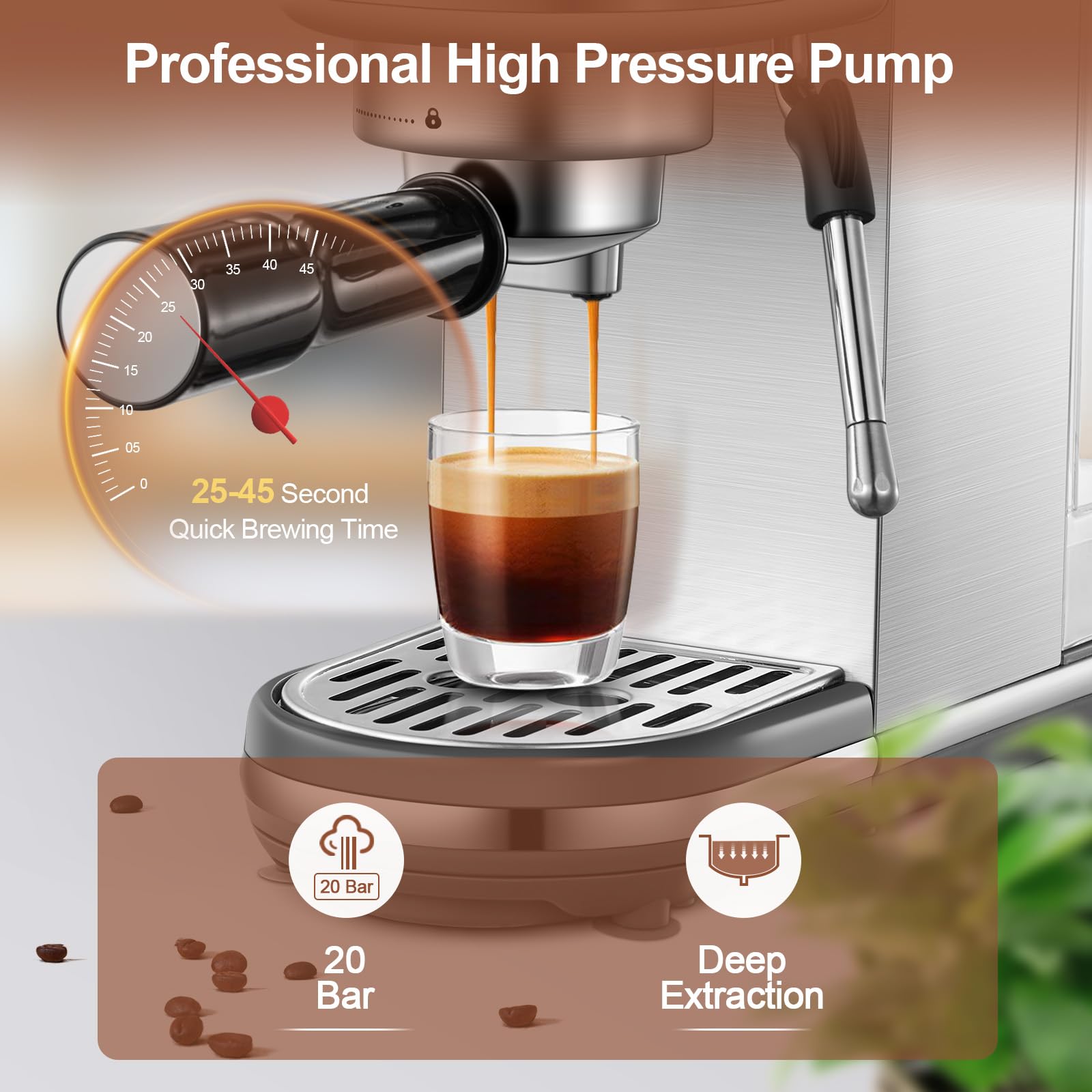 ILAVIE Espresso Coffee Machine for Home 20 Bar, Professional Compact Cappuccino Machine Maker for Latte, with 40oz Detachable Water Tank, 1350W Strong Power, Stainless Steel