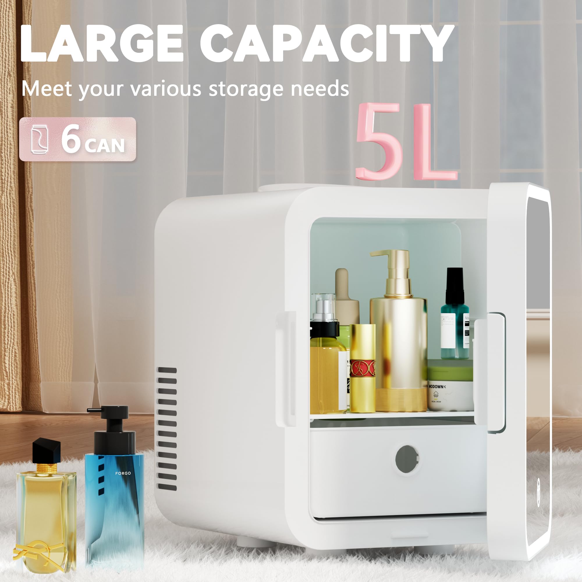 EUHOMY Mini Fridge, 5L AC/DC Small Refrigerator with Dimmable LED Mirror, Portable Cooler and Warmer for Skin Care, Cosmetics, Beverage, 5L Makeup Mini Skincare Fridge for Bedroom, Car, Office, White