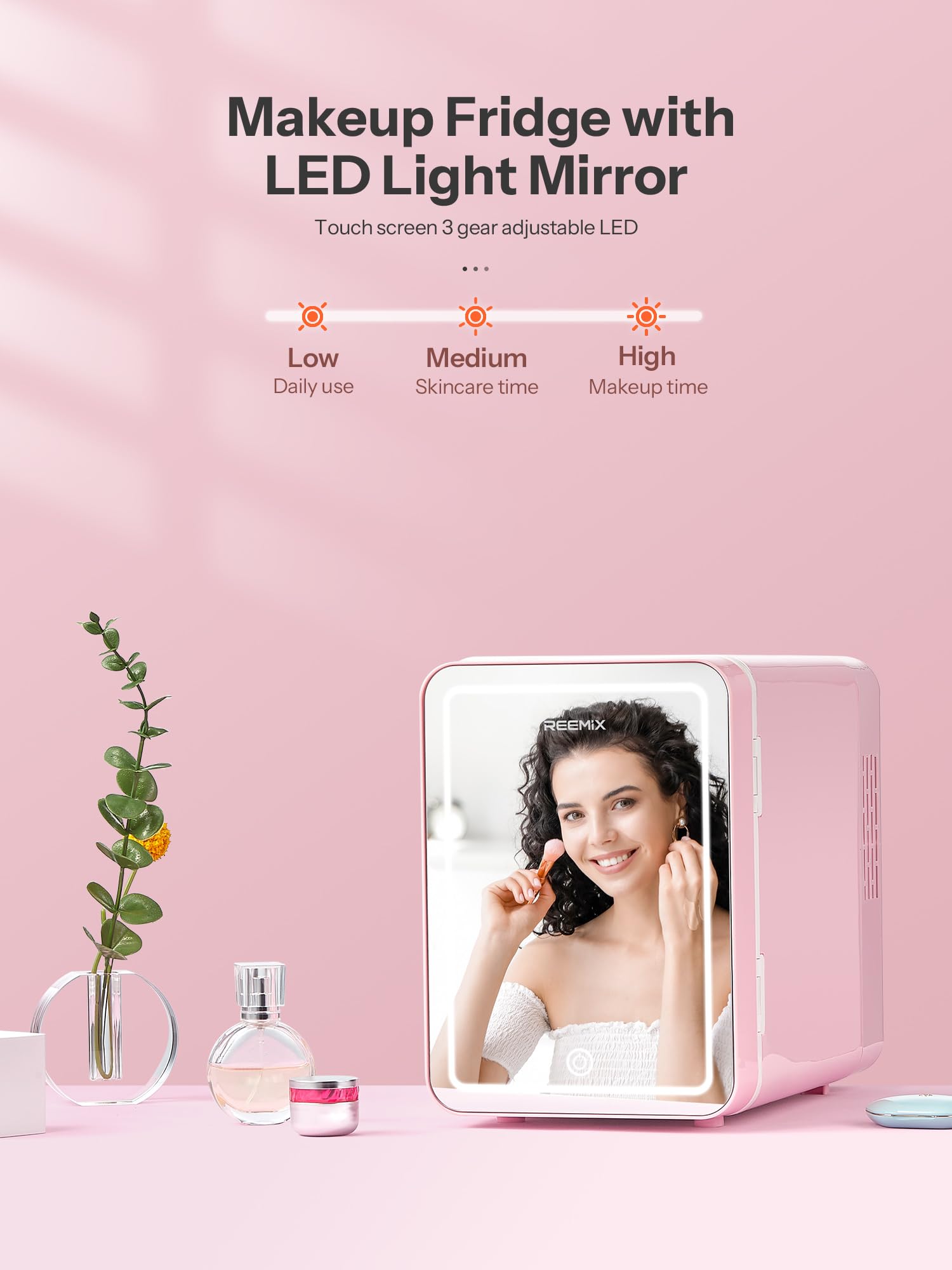 Skincare Fridge, Mini Fridge with Dimmable LED Morror, 6L Makeup Fridge for Bedroom, Car, Office & Dorm, Cooler & Warmer, Portable Small Refrigerator for Cosmetics, Skin Care and Food, Pink