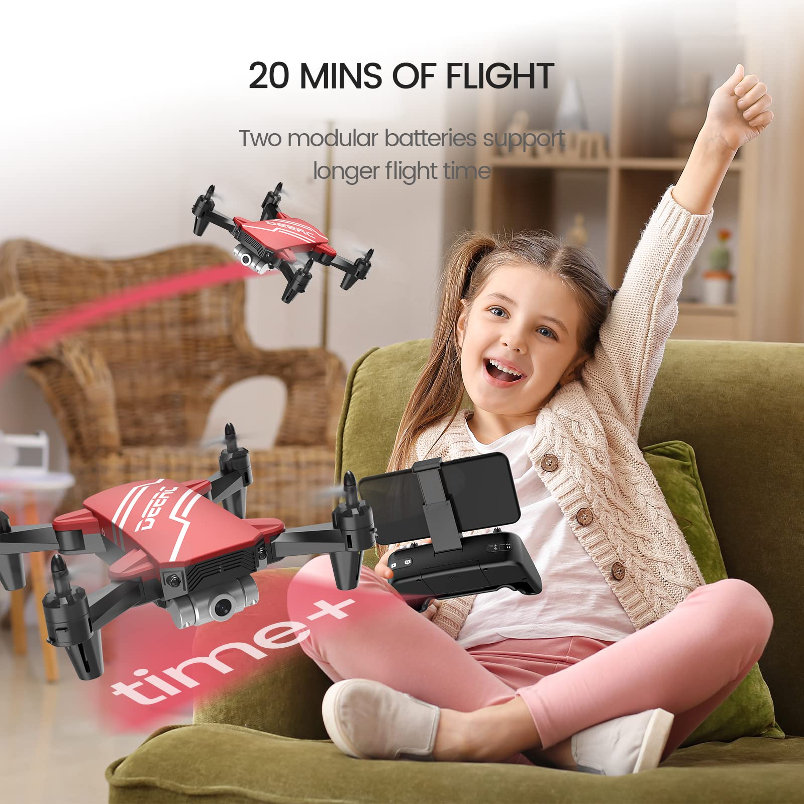 DEERC D20 Mini Drone for Kids with 720P HD FPV Camera Remote Control Toys Gifts for Boys Girls with Altitude Hold, Headless Mode, One Key Start Speed Adjustment, 3D Flips 2 Batteries, Red