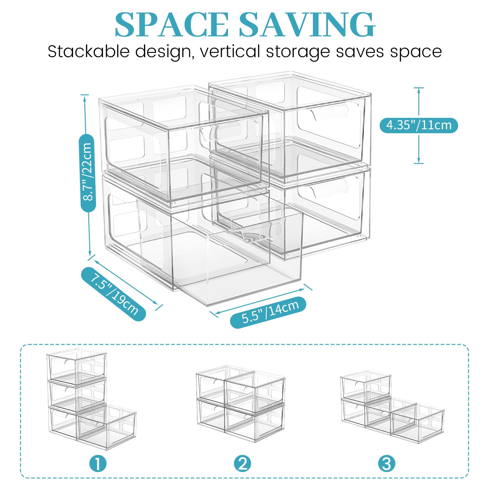 SpaceHacks 4 Pack Stackable Plastic Makeup Organizer Drawers, Acrylic Organizers, Clear Storage Bins with Pull-Out Handles for Vanity, Kitchen Cabinets, Pantry