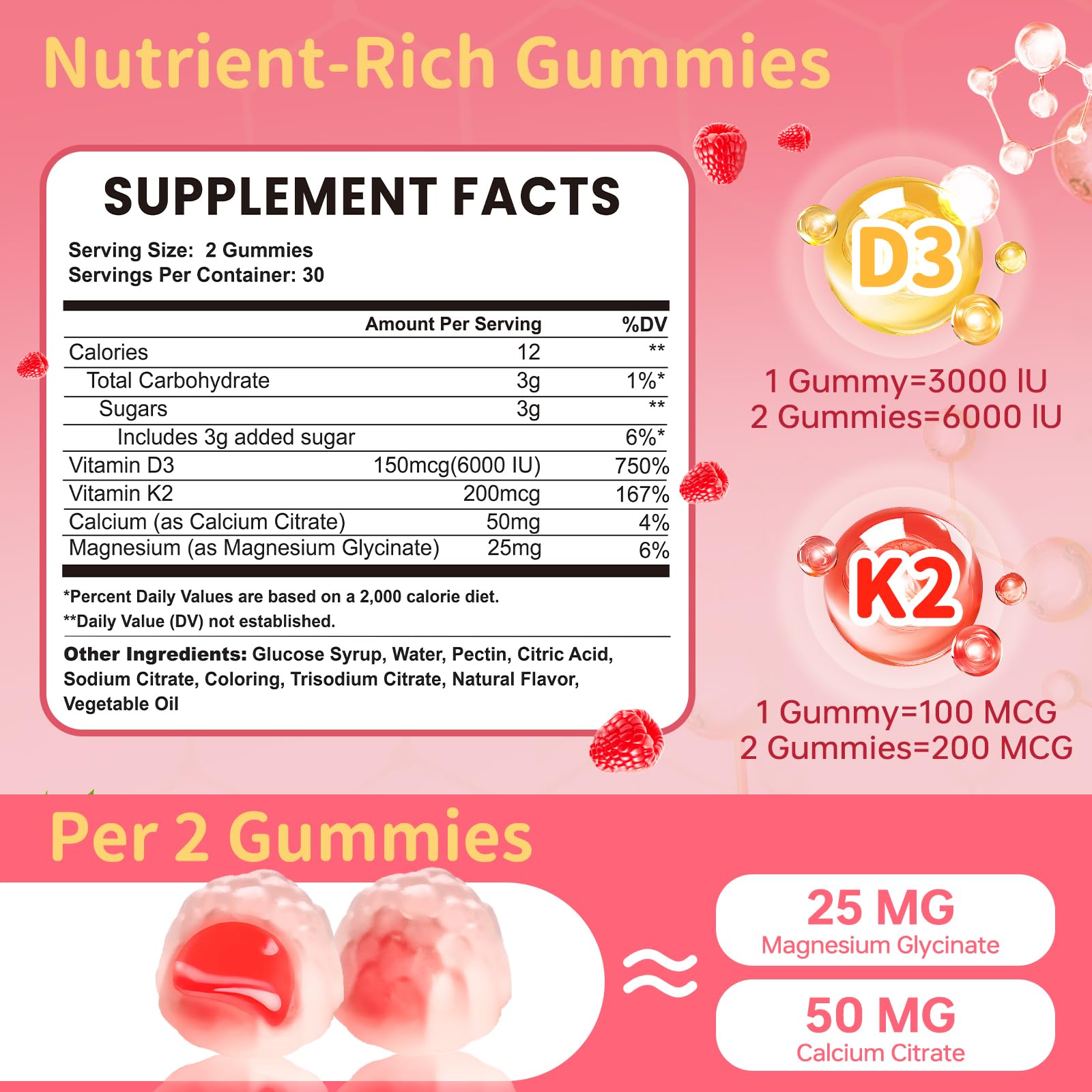 esverco Vitamin D3 K2 Gummies, 6000 IU Vitamin D3 + 200 mcg K2 (MK-7) with Calcium, Magnesium Glycinate, Extra Strength, High Absorption for Bone, Muscle, Teeth, Vegan, Raspberry Flavor, 120 Count