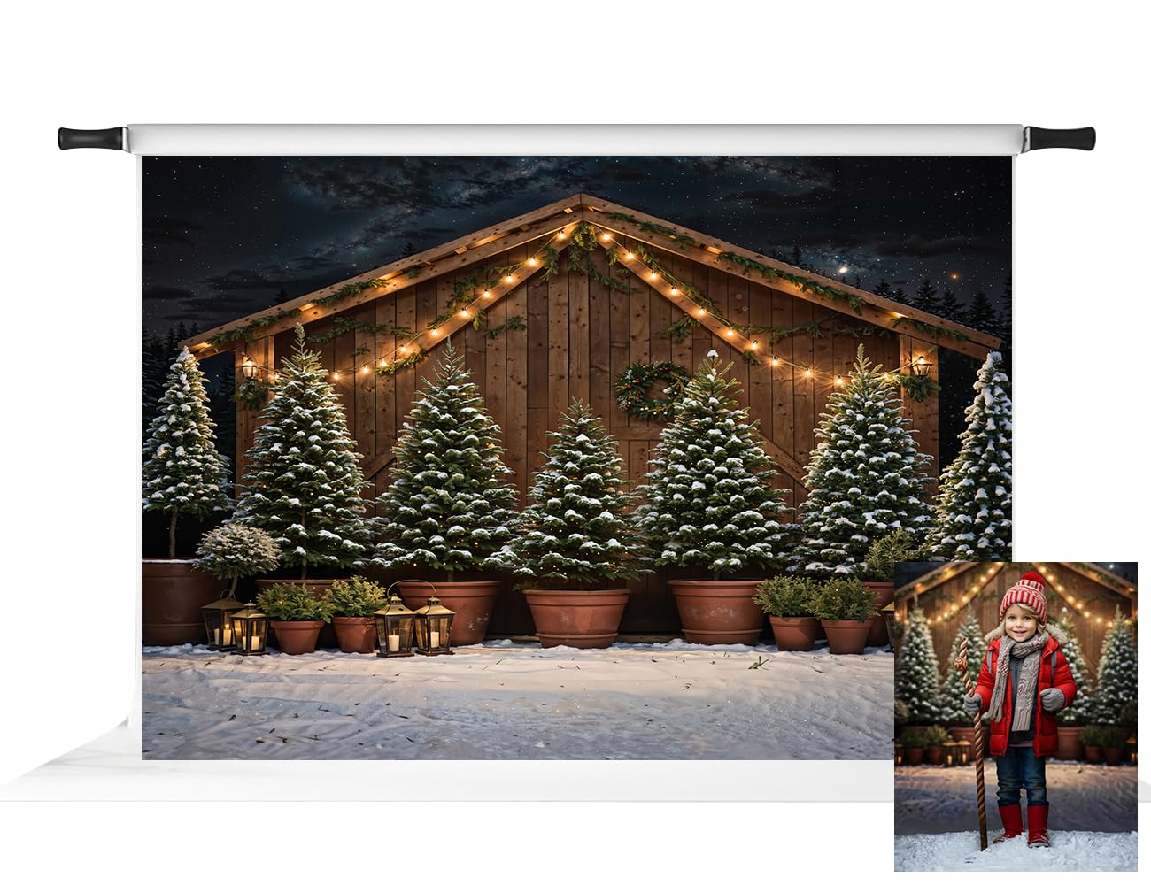 Kate Christmas Farm Photo Backdrop Dark Brown Wooden Barn Background Winter Snowy Pine Trees Photo Background Studio Props,7x5ft