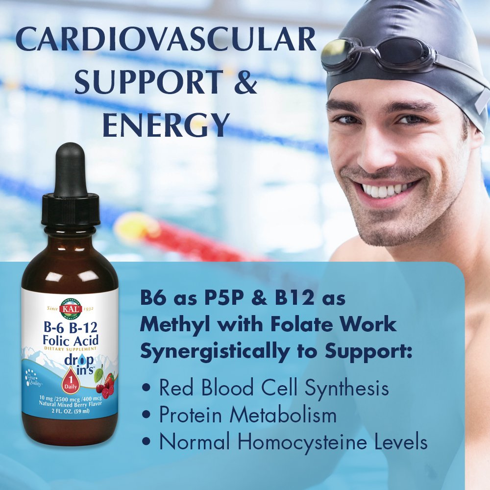 KAL Vitamin B-6 B-12 Folic Acid DropIns, Liquid Vitamin B Supplement Drops, Heart Health, Energy, Red Blood Cell Support with Methyl B12 and Methyl Folate, Natural Mixed Berry Flavor, 59 Servings, 2oz