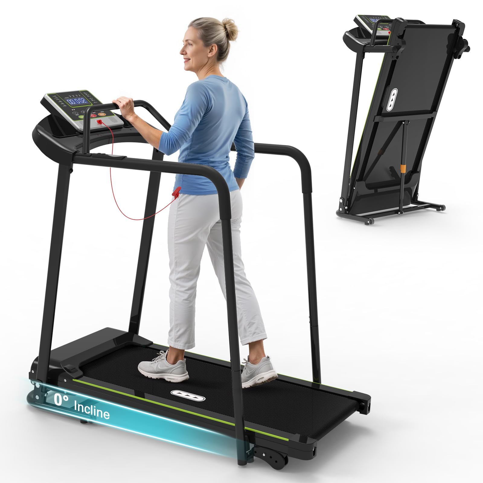 Redliro Walking Treadmill with Long Handrail for Balance, Recovery Fitness Exercise Machine Foldable for Home use with Holder for Phone & Cup,LCD Display, 300 lbs Capacity