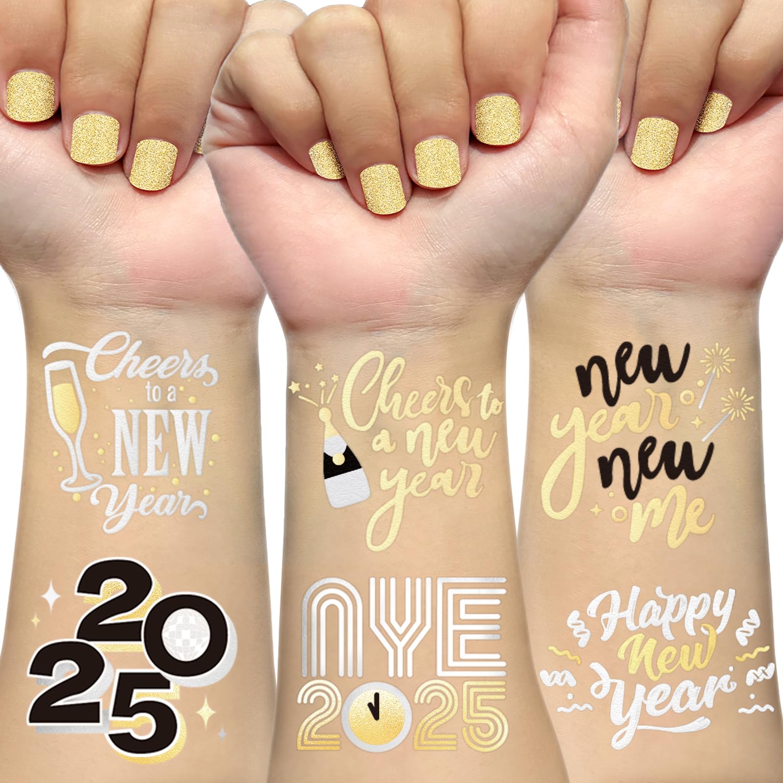 AOYOO New Years Eve Party Supplies 2025 Temporary Tattoos - 40 Glitter Styles, Black and Metallic Gold Tattoos, NYE Party Favors, Happy New Year Decorations, NYE 2025 Decor