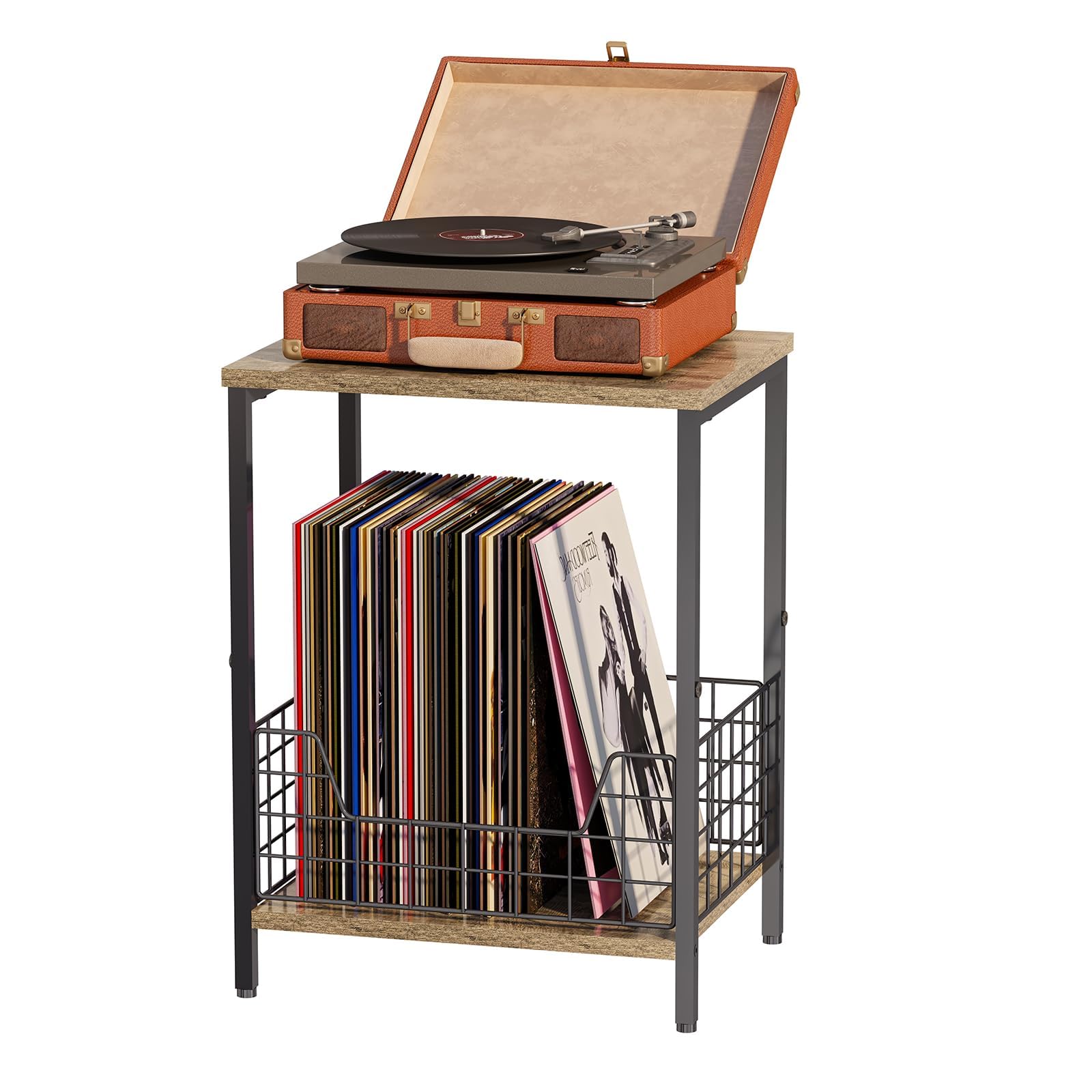 X-cosrack 2-Tier Record Player Table, Industrial Retro Side Table Nightstand Small for Living Room Bedroom Kitchen Office Small Spaces, Record Player Stand with Record Album Storage-Rustic Brown