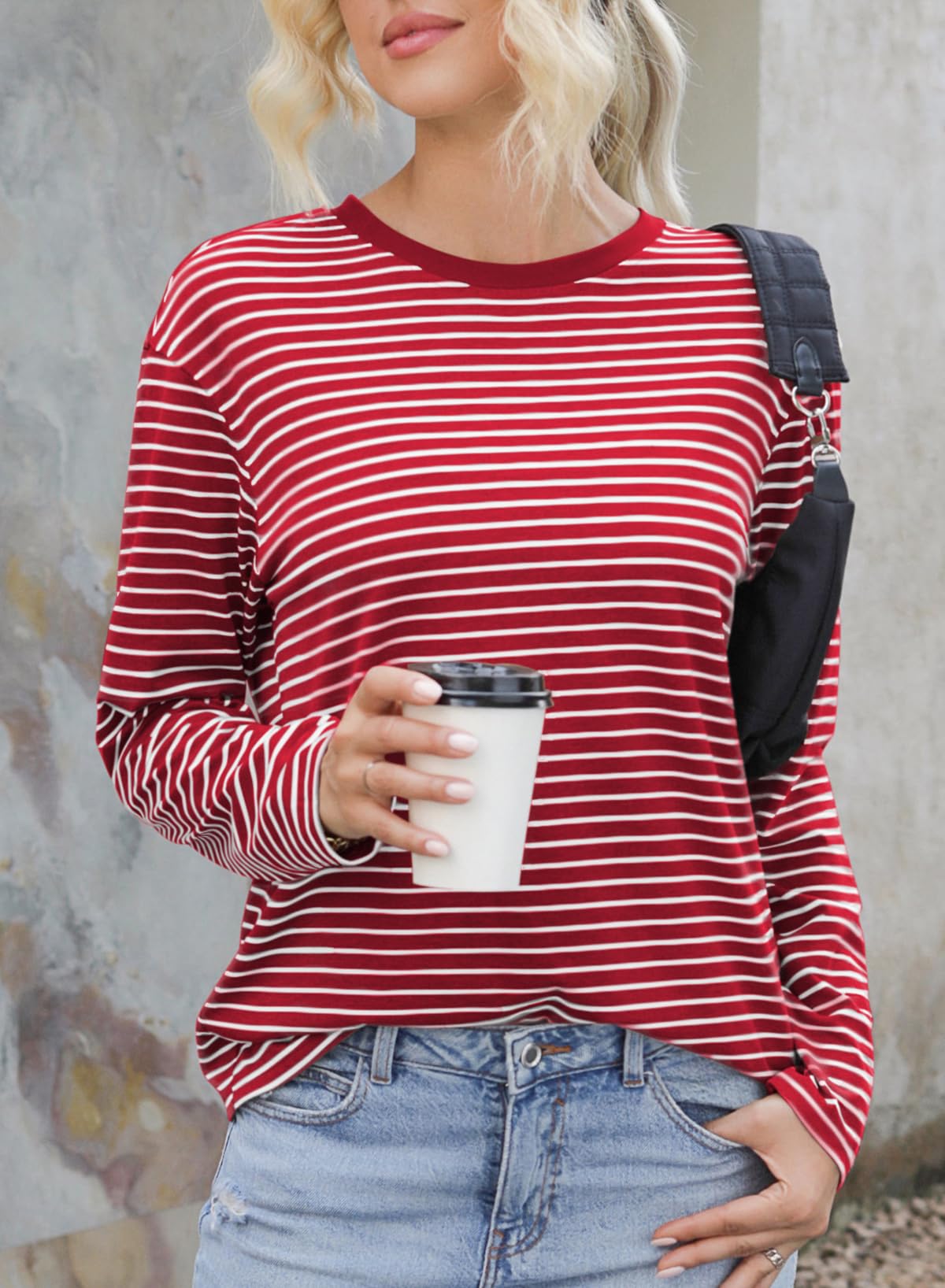 Dokotoo Shirts for Women Crew Neck Striped Long Sleeve Tops Casual Loose Fit Business Shirt Womens Clothes Fall Fashion 2024 Red Stripe XX-Large