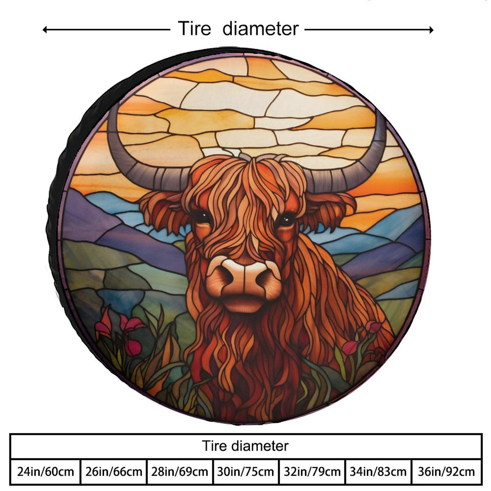 KIOWEIR Spare Tire Cover Highland Cowbright Stained Glass Wheel Tire Cover Universal Dust-Proof Tire Protectors for Trailer Rv Van SUV Truck Camper and Many Vehicle for Diameter 34''