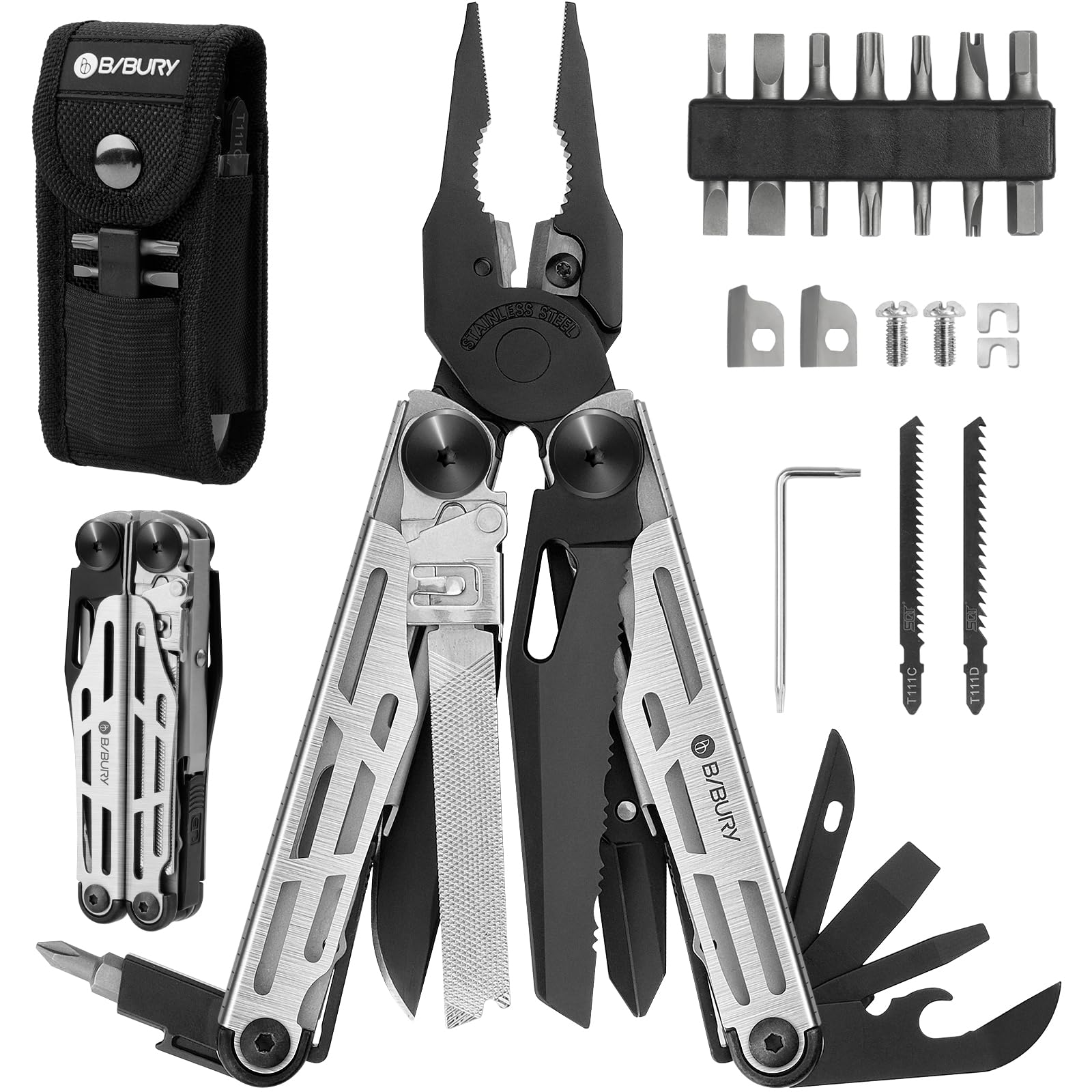 BIBURY Multitool Pliers Pro BI2045, Foldable Multitools with Replaceable Wire Cutters and Saw, Stainless Steel Multi Tool w/Upgraded Scissors and Screwdriver Set, Ideal for Camping, Fishing, Survival