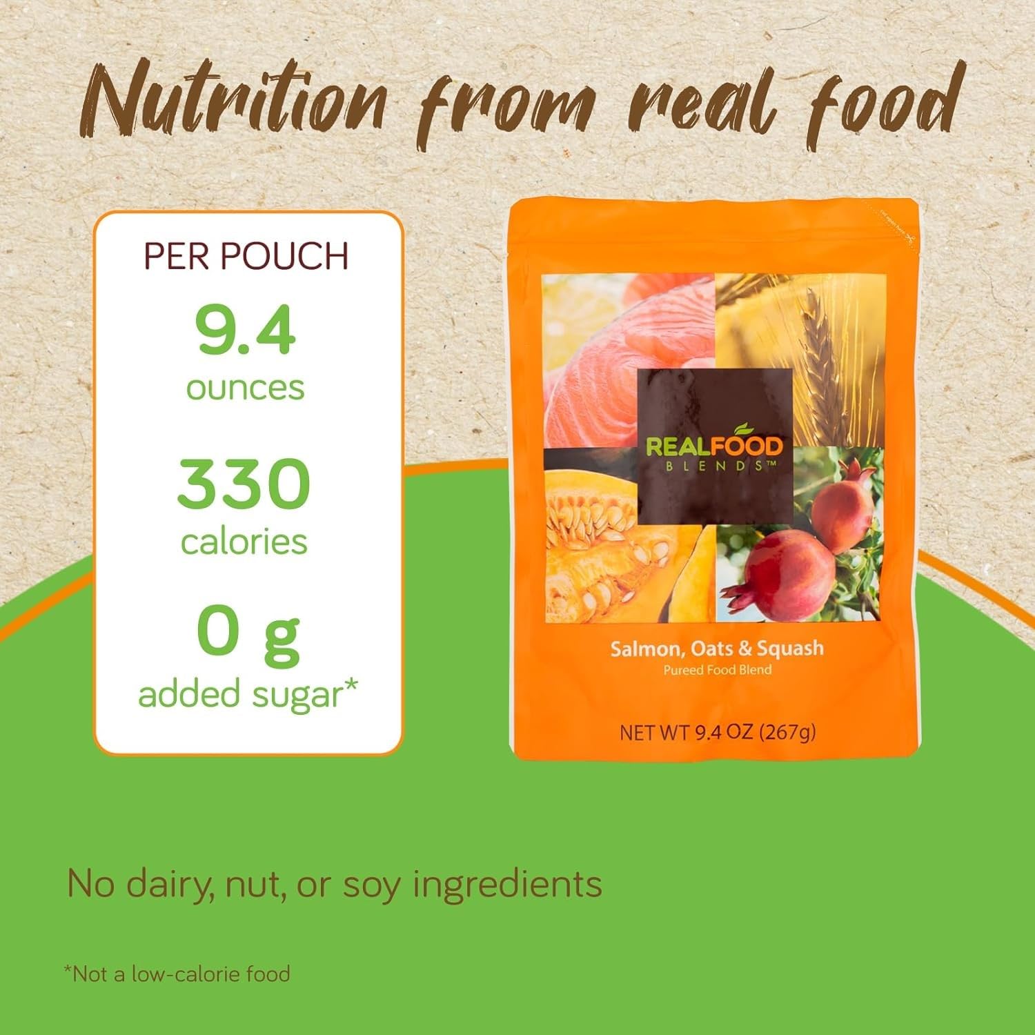 Real Food Blends Salmon, Oats & Squash - Pureed Food Meals for Tube Feeding with Protein, Vegetables & Fruits - 330 Calories for Lunch & Dinner - 9.4 oz (Pack of 12)