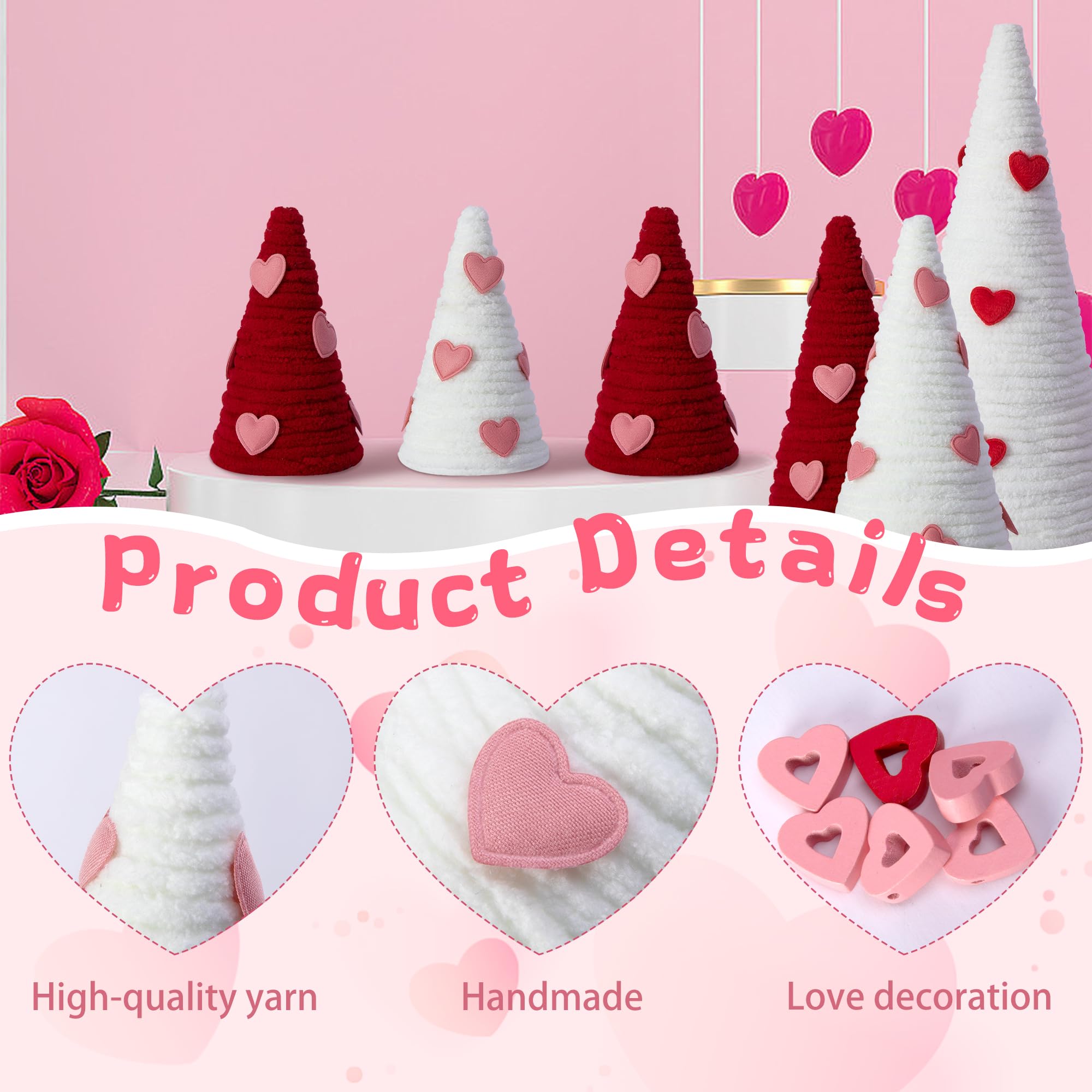 Iceyyyy 6 Pcs Valentine Day Tree Table Decorations Set-Artificial Yarn Wrapped Mini Trees with Heart Decor-Pink White Valentine's Day Tabletop Tree for Farmhouse Indoor Home Kitchen Decor