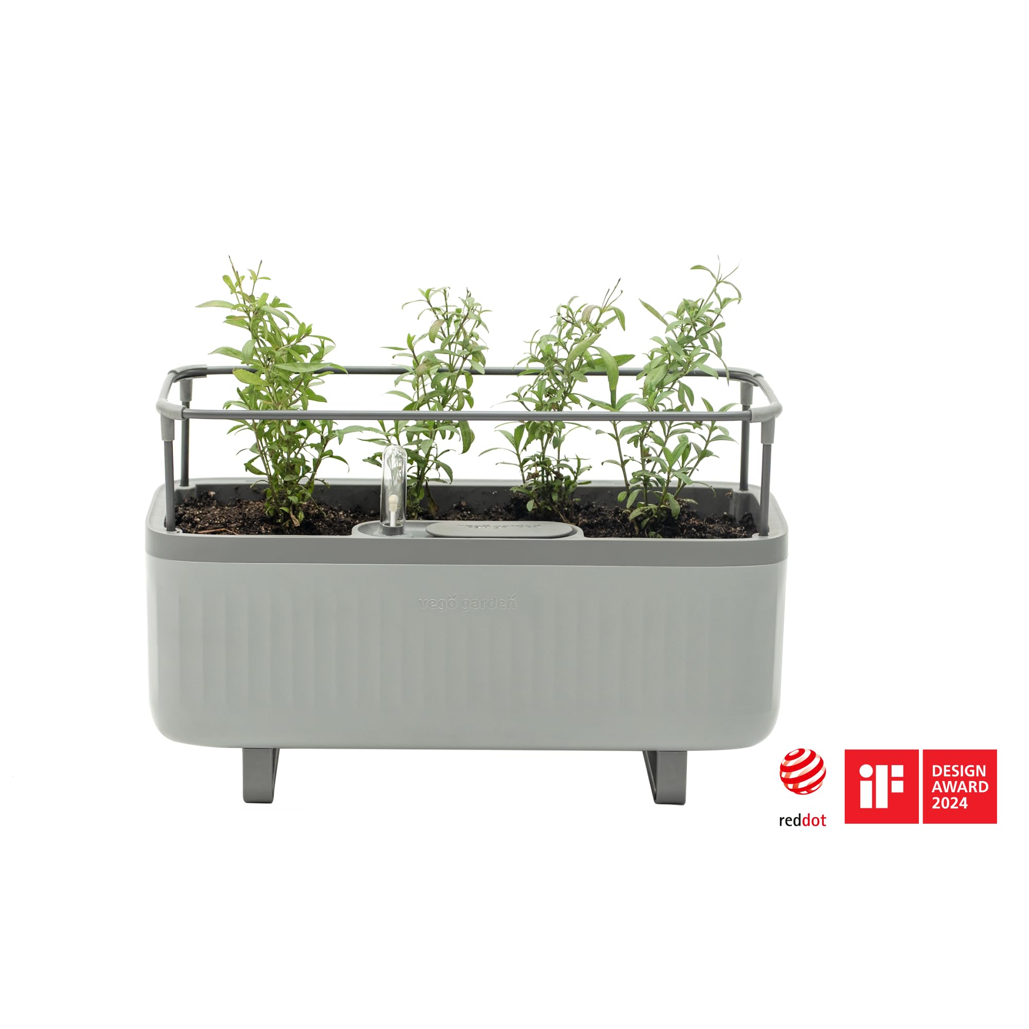 Vego Garden Herb Indoor Plant Box, Self Watering Planters Pots for Indoor Plants with Trellis for Kitchen Window Sill or Countertop Plants Cage - Fog Gray