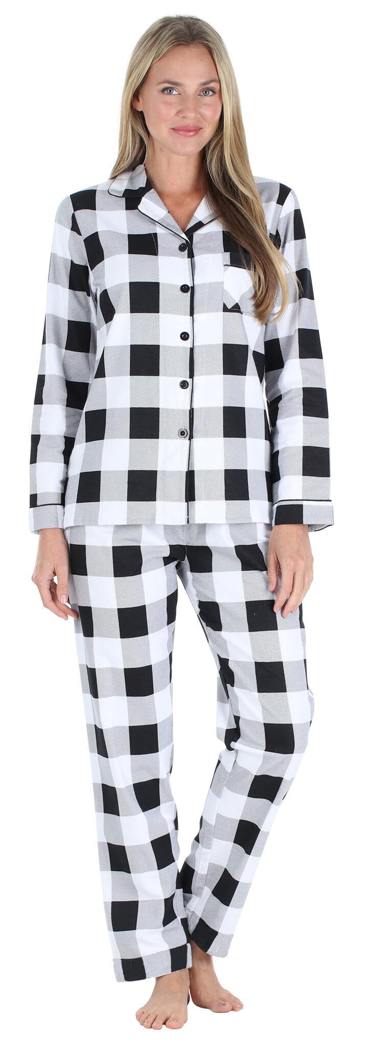 PajamaMania Women's Cotton Flannel Long Sleeve Button-Down Pajamas PJ Set, Black White Plaid, Large