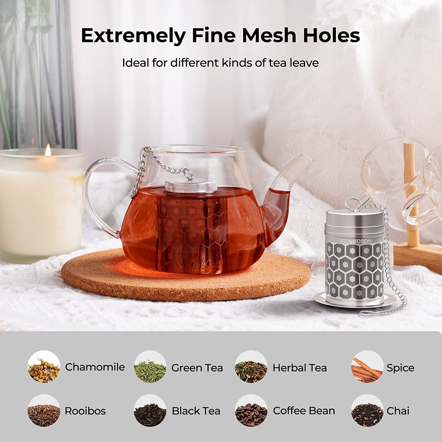 2 Pack Reinmoson Tea Strainers for Loose Tea, Extra Fine Mesh Tea Infuser, 304 Stainless Steel & Updated Slim Threaded Lid, Loose Leaf Tea Steeper for Black Tea, Rooibos, etc