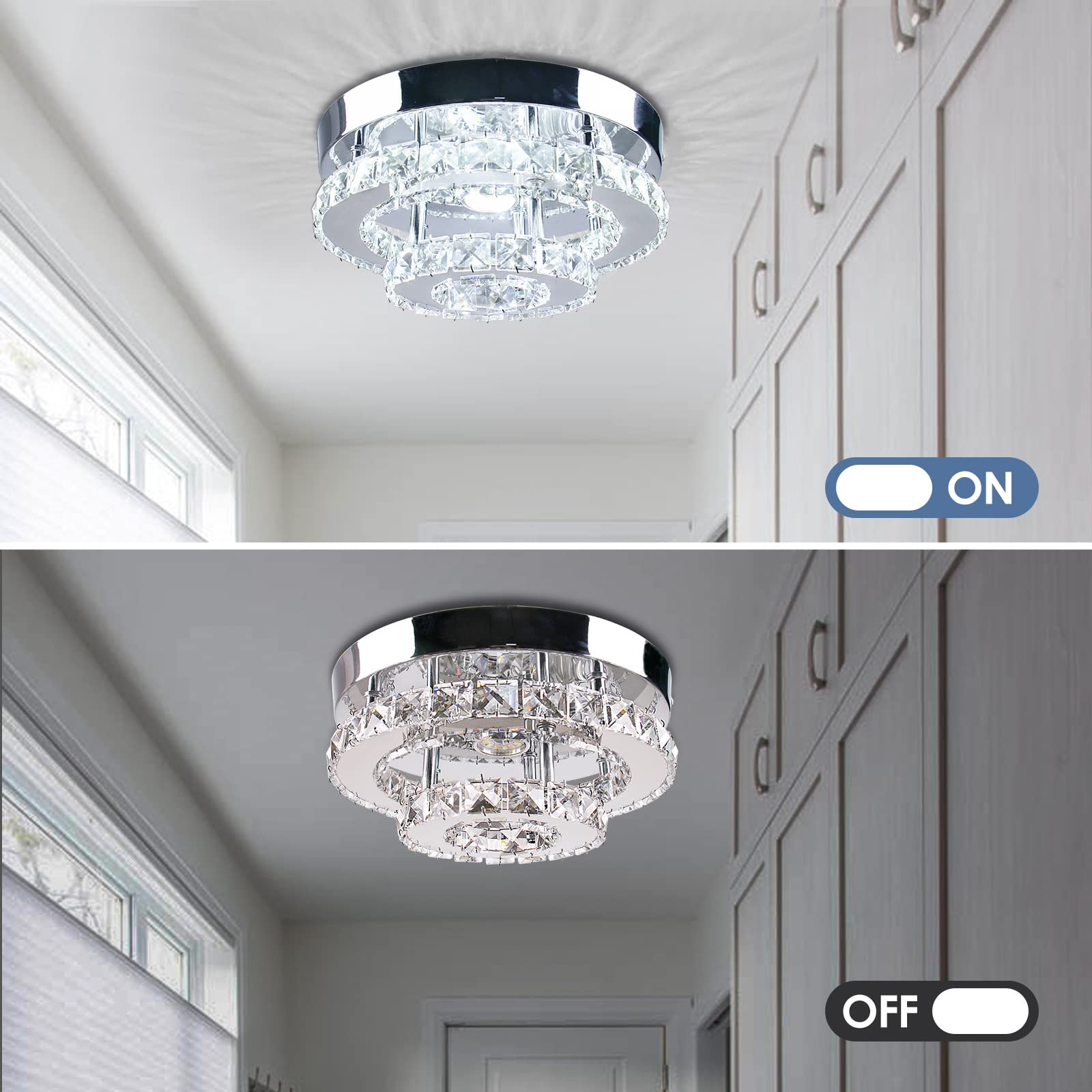 diisunbihuo Modern Crystal Flush Mount Chandelier Two Layers Crystal Chandeliers LED Ceiling Light Fixture Mini Chandeliers with Crystals Hallway Light Bedroom Chandelier for Bathroom Kitchen Office