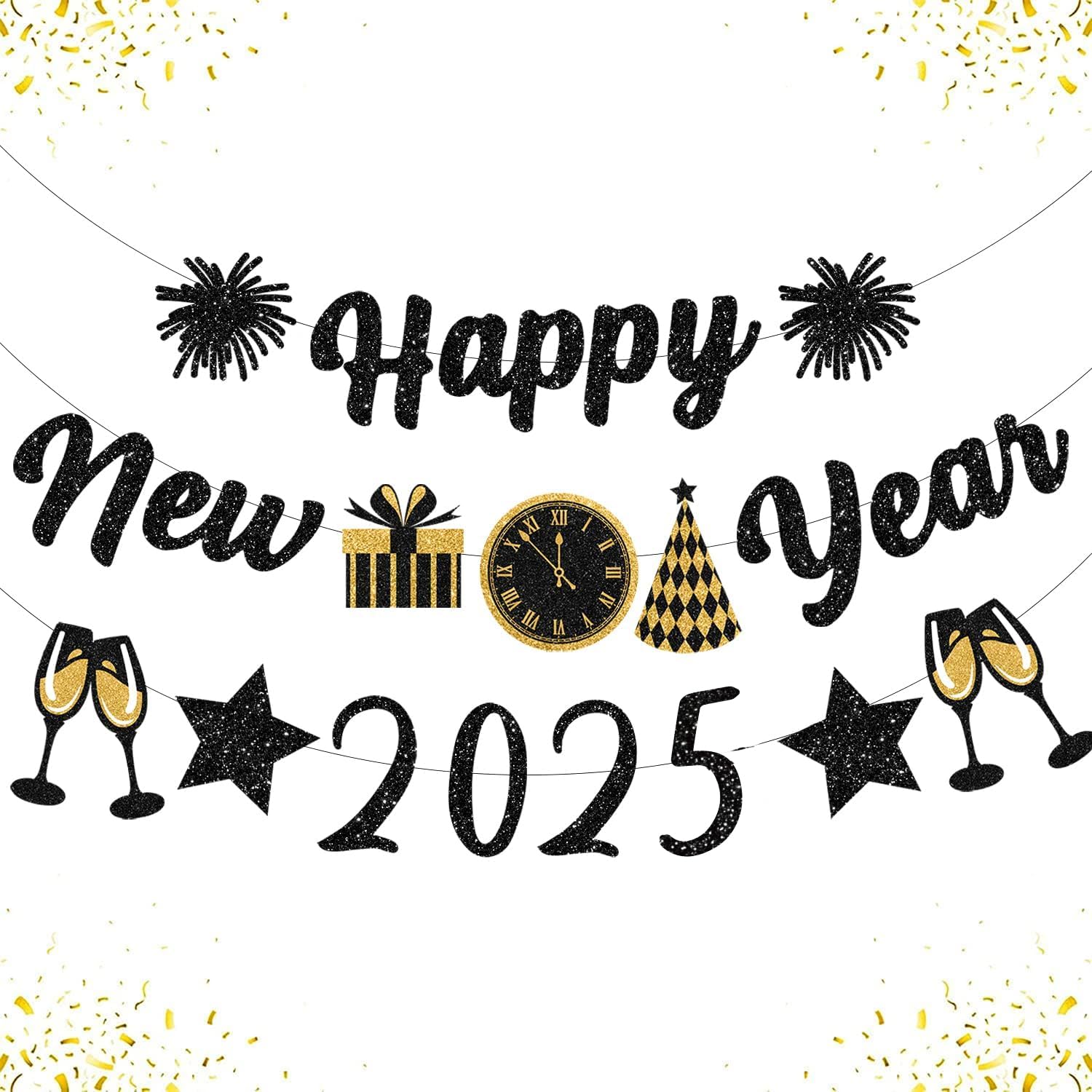 IMISHM Black Gold New Years Decorations 2025 Glitter Happy New Year Banner New Years Eve Party Supplies New Years Eve Decorations Happy New Year Sign For New Year Party Decorations